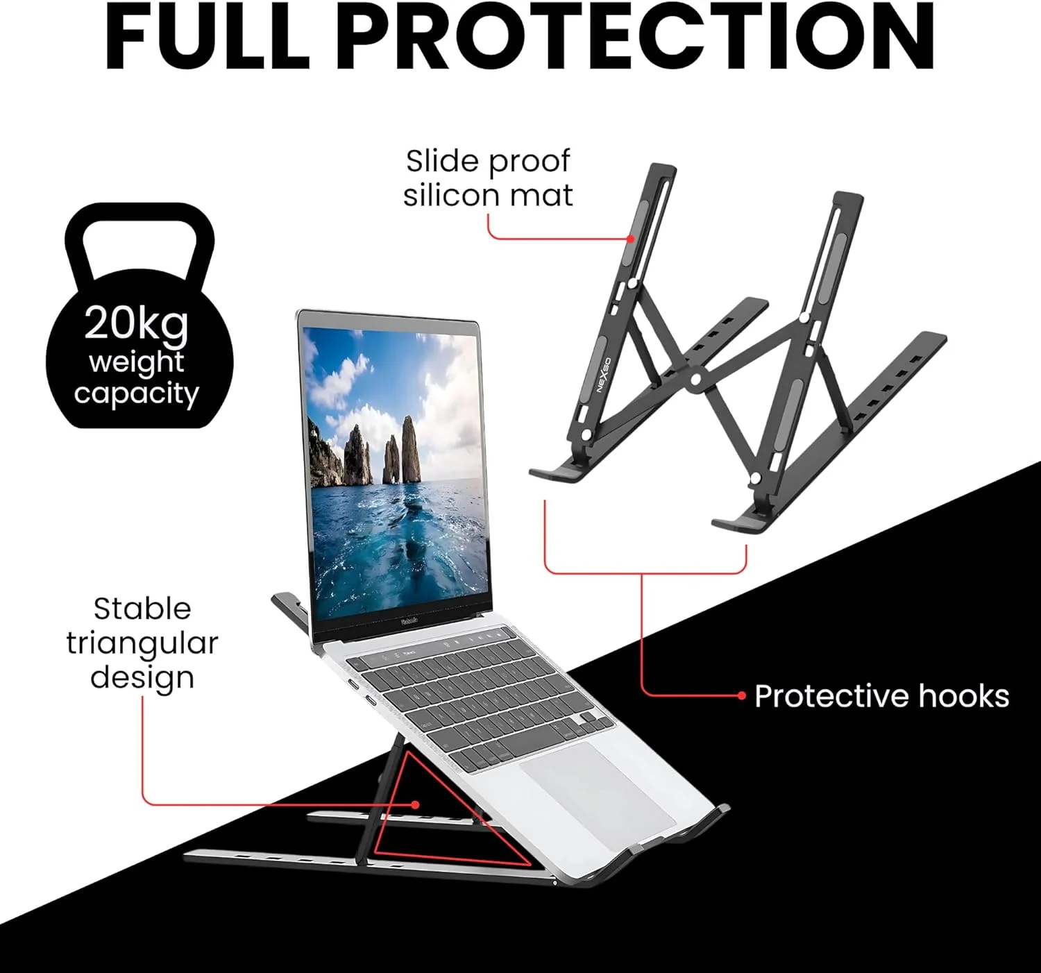 پایه لپ تاپ آلومینیومی مشکی قابل تنظیم برای میز | پایه تاشو ارگونومیک برای لپ تاپ، تبلت، طراحی قابل حمل 7 زاویه با قابلیت ضد لغزش و خنک کننده، کیف حمل و سازگاری گسترده پایه لپ تاپ آلومینیومی مشکی قابل تنظیم برای میز | پایه تاشو ارگونومیک برای لپ تاپ، تبلت، طراحی قابل حمل 7 زاویه با قابلیت ضد لغزش و خنک کننده، کیف حمل و سازگاری گسترده