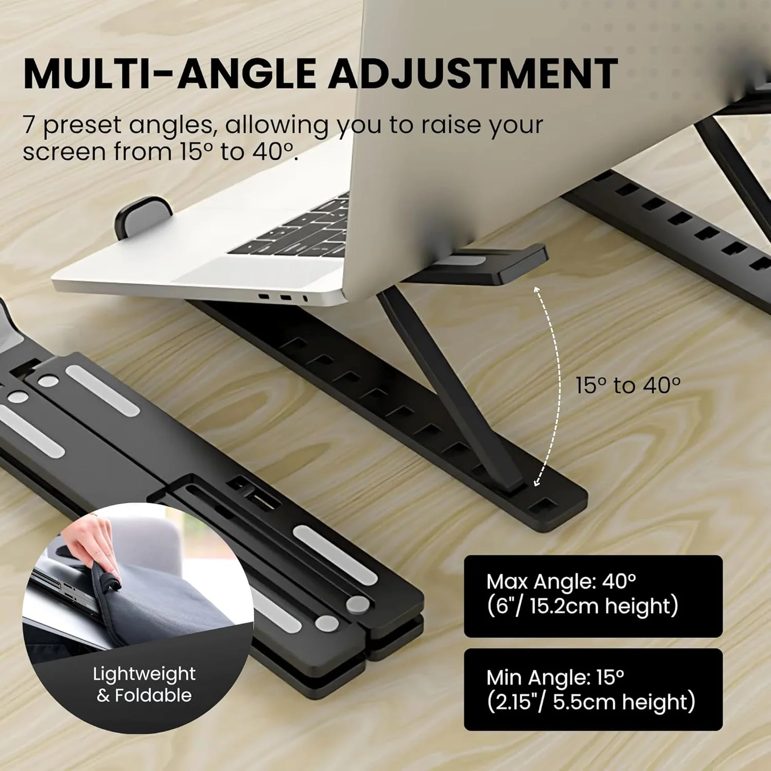 پایه لپ تاپ آلومینیومی مشکی قابل تنظیم برای میز | پایه تاشو ارگونومیک برای لپ تاپ، تبلت، طراحی قابل حمل 7 زاویه با قابلیت ضد لغزش و خنک کننده، کیف حمل و سازگاری گسترده پایه لپ تاپ آلومینیومی مشکی قابل تنظیم برای میز | پایه تاشو ارگونومیک برای لپ تاپ، تبلت، طراحی قابل حمل 7 زاویه با قابلیت ضد لغزش و خنک کننده، کیف حمل و سازگاری گسترده