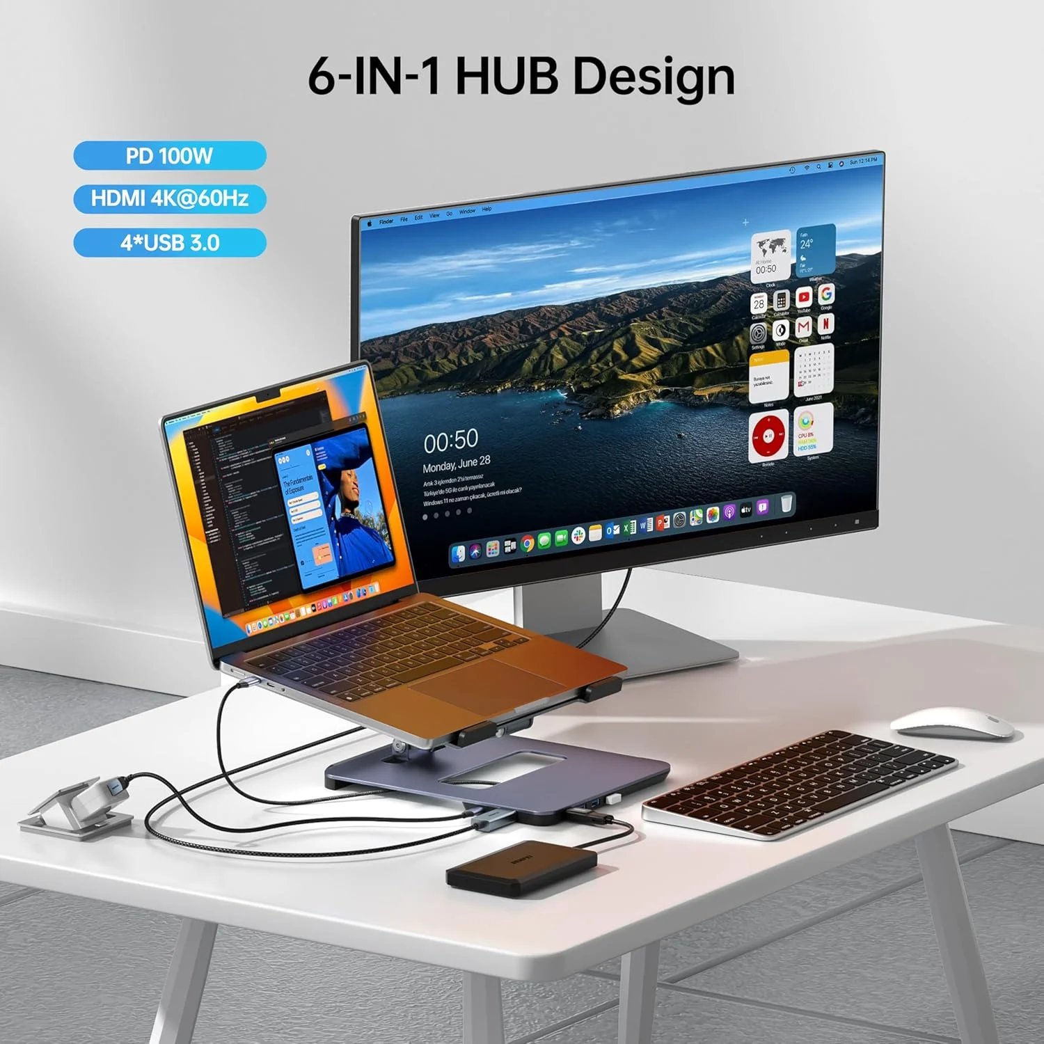 پایه لپ‌تاپ BENFEI با ایستگاه اتصال USB C 6 در 1، HDMI 4K@60Hz، 4 پورت USB3.0، 100W PD سازگار با MacBook Pro/Air، iPad Pro، XPS، Thinkpad