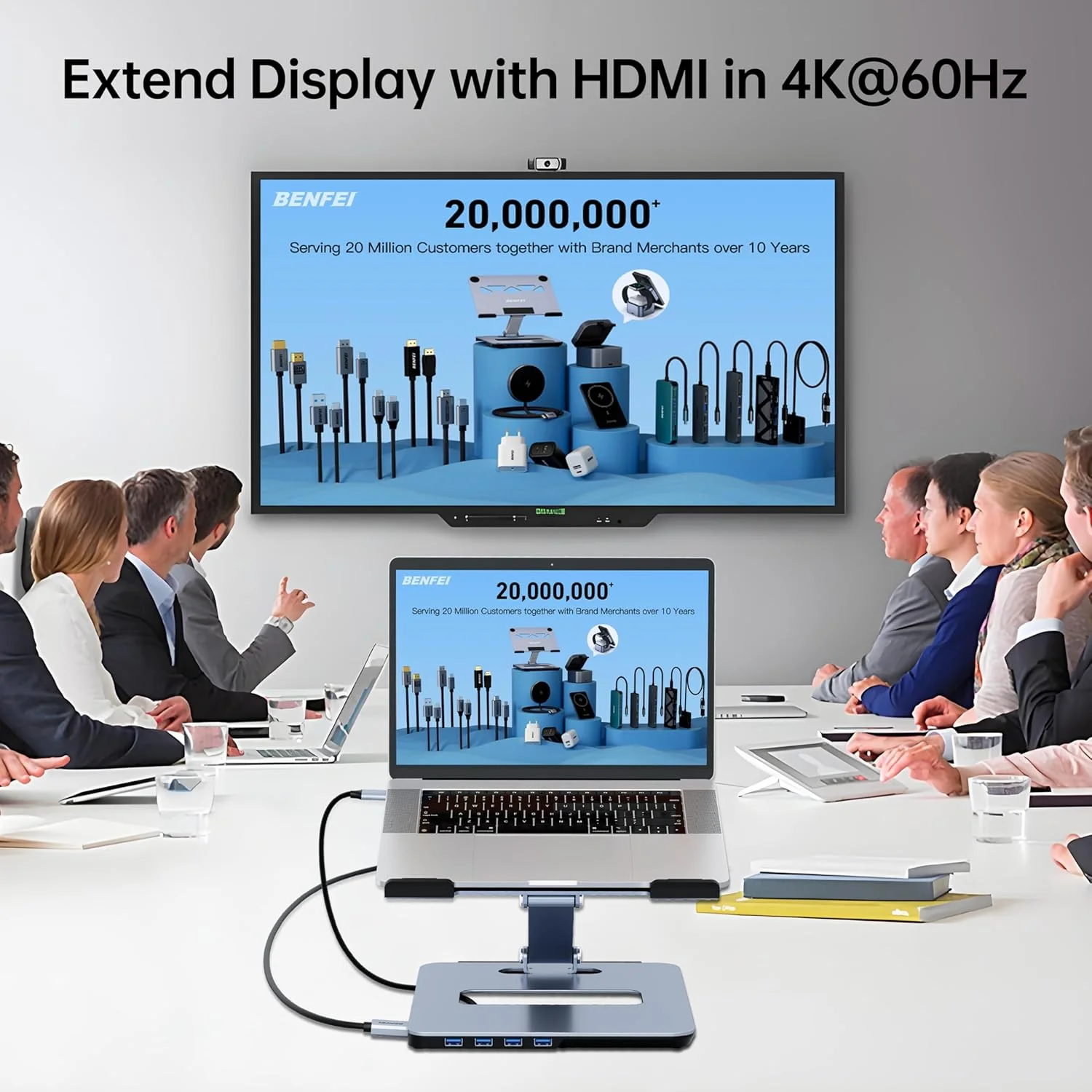 پایه لپ‌تاپ BENFEI با ایستگاه اتصال USB C 6 در 1، HDMI 4K@60Hz، 4 پورت USB3.0، 100W PD سازگار با MacBook Pro/Air، iPad Pro، XPS، Thinkpad