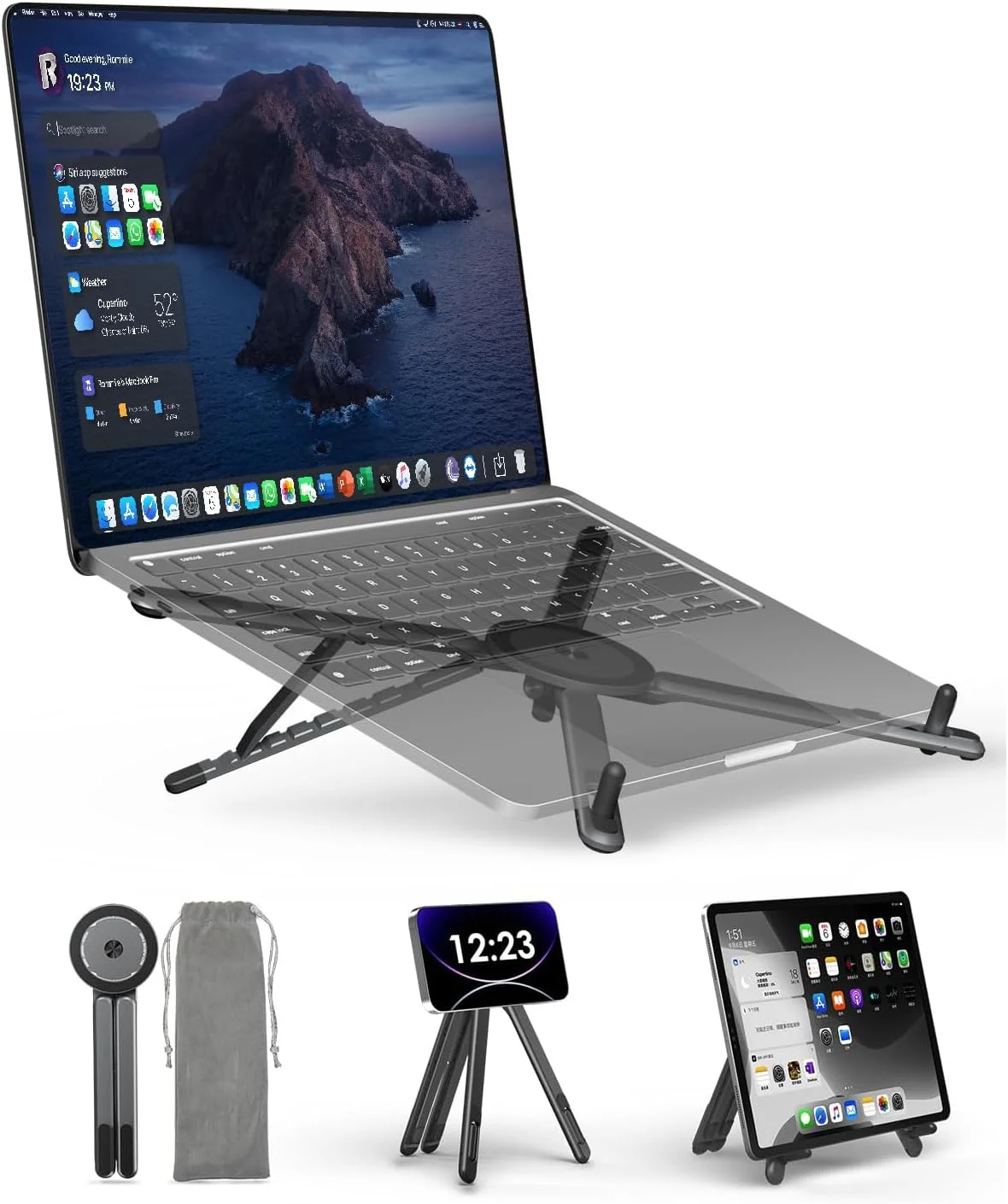 پایه لپ تاپ قابل حمل Angju برای میز و مسافرت، نگهدارنده مغناطیسی گوشی، سازگار با لپ تاپ های 10-16 اینچی و گوشی/تبلت های 4-13 اینچی، آلیاژ آلومینیوم تاشو جمع و جور، تنظیم ارتفاع 8 سطح پایه لپ تاپ قابل حمل Angju برای میز و مسافرت، نگهدارنده مغناطیسی گوشی، سازگار با لپ تاپ های 10-16 اینچی و گوشی/تبلت های 4-13 اینچی، آلیاژ آلومینیوم تاشو جمع و جور، تنظیم ارتفاع 8 سطح