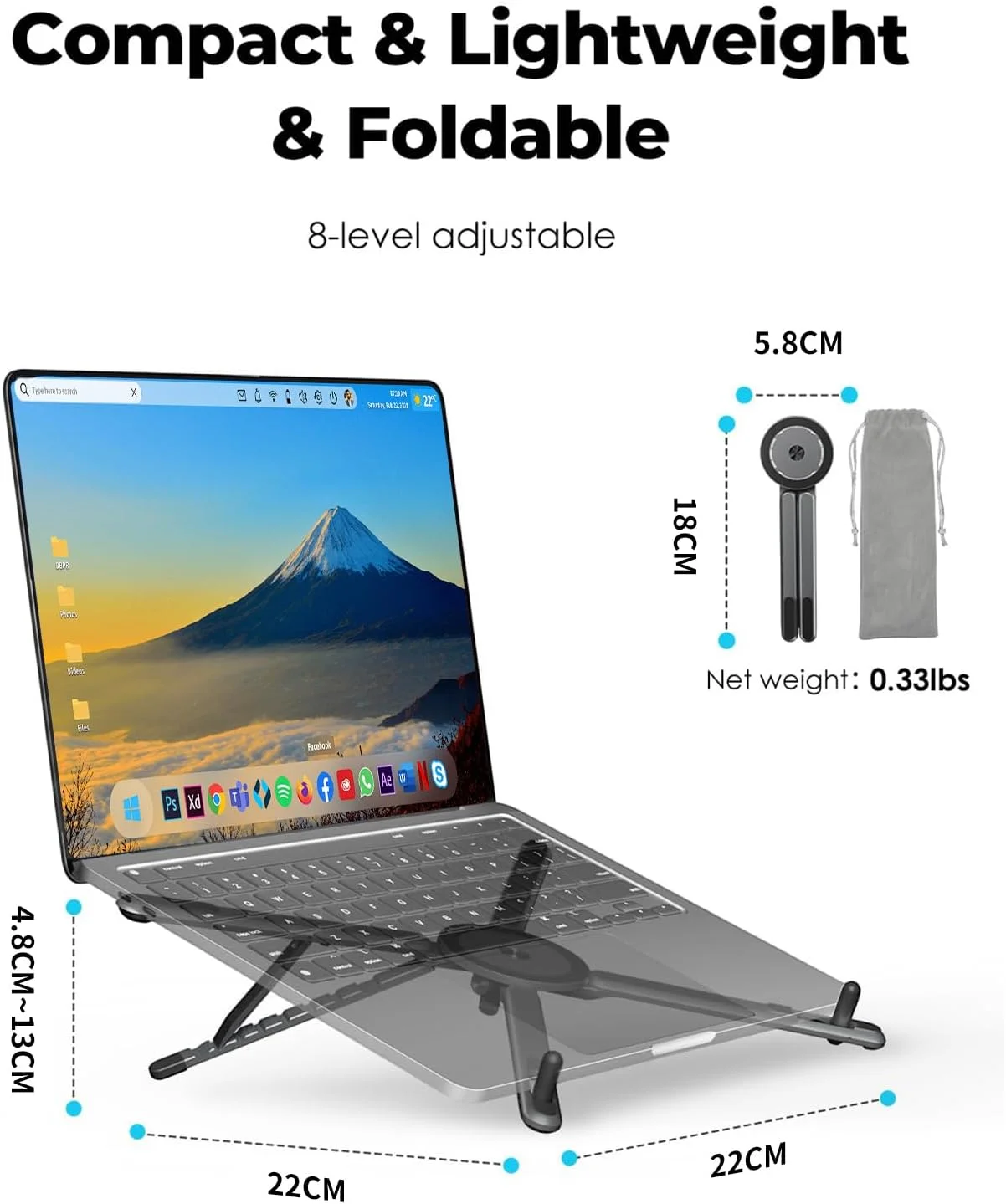 پایه لپ تاپ قابل حمل Angju برای میز و مسافرت، نگهدارنده مغناطیسی گوشی، سازگار با لپ تاپ های 10-16 اینچی و گوشی/تبلت های 4-13 اینچی، آلیاژ آلومینیوم تاشو جمع و جور، تنظیم ارتفاع 8 سطح