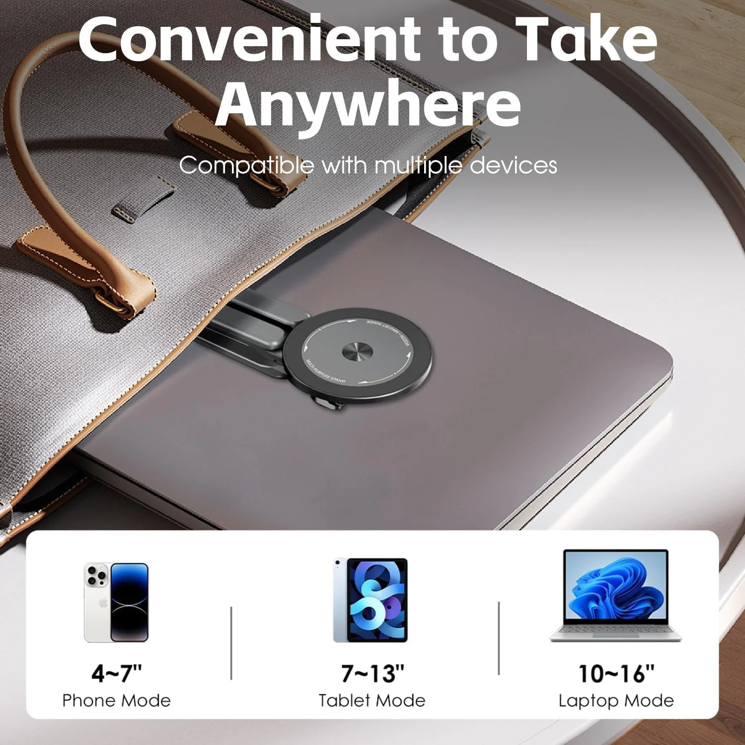 پایه لپ تاپ قابل حمل Angju برای میز و مسافرت، نگهدارنده مغناطیسی گوشی، سازگار با لپ تاپ های 10-16 اینچی و گوشی/تبلت های 4-13 اینچی، آلیاژ آلومینیوم تاشو جمع و جور، تنظیم ارتفاع 8 سطح