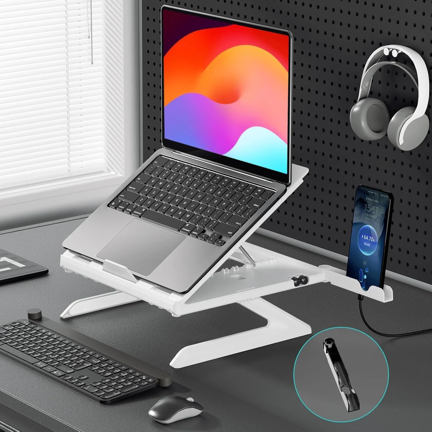 پایه لپ‌تاپ چند منظوره قابل تنظیم Angju با نگهدارنده تلفن - پایه تاشو قابل حمل ارگونومیک لپ‌تاپ با دریچه حرارتی برای میز - سازگار با مک‌بوک، سرفیس لپ‌تاپ (9-15.6 اینچ)