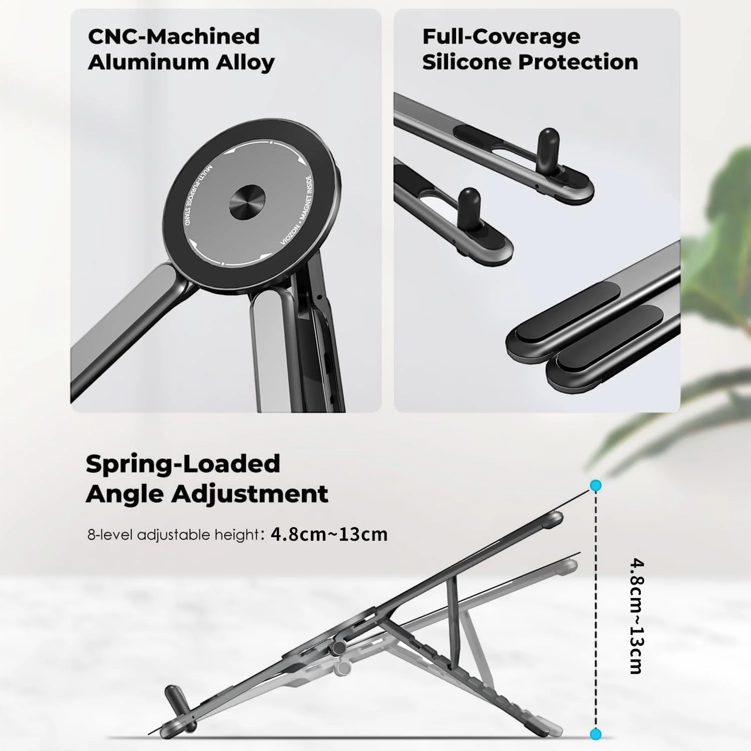 پایه لپ تاپ قابل حمل Angju برای میز و مسافرت، نگهدارنده مغناطیسی گوشی، سازگار با لپ تاپ های 10-16 اینچی و گوشی/تبلت های 4-13 اینچی، آلیاژ آلومینیوم تاشو جمع و جور، تنظیم ارتفاع 8 سطح
