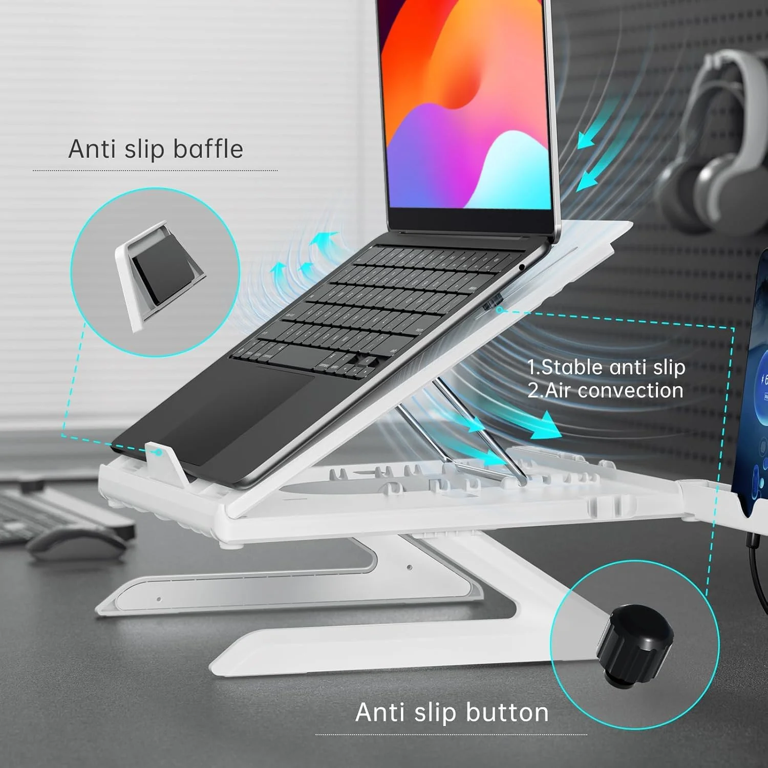 پایه لپ‌تاپ چند منظوره قابل تنظیم Angju با نگهدارنده تلفن - پایه تاشو قابل حمل ارگونومیک لپ‌تاپ با دریچه حرارتی برای میز - سازگار با مک‌بوک، سرفیس لپ‌تاپ (9-15.6 اینچ)