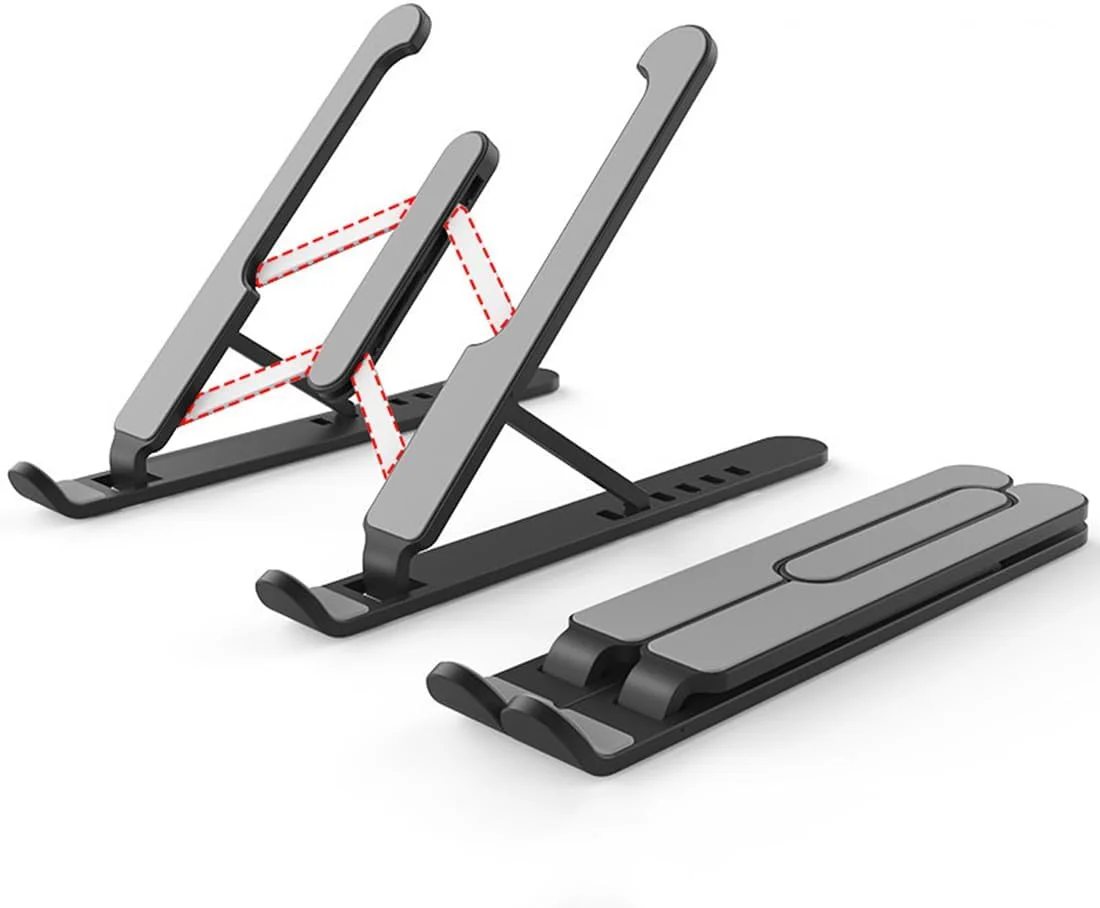 پایه لپ تاپ قابل تنظیم با 6 حالت ارتفاع - تاشو و دارای تهویه هوا، ساخته شده از ABS+سیلیکون، مناسب برای لپ تاپ، تبلت و نوت بوک (مشکی)