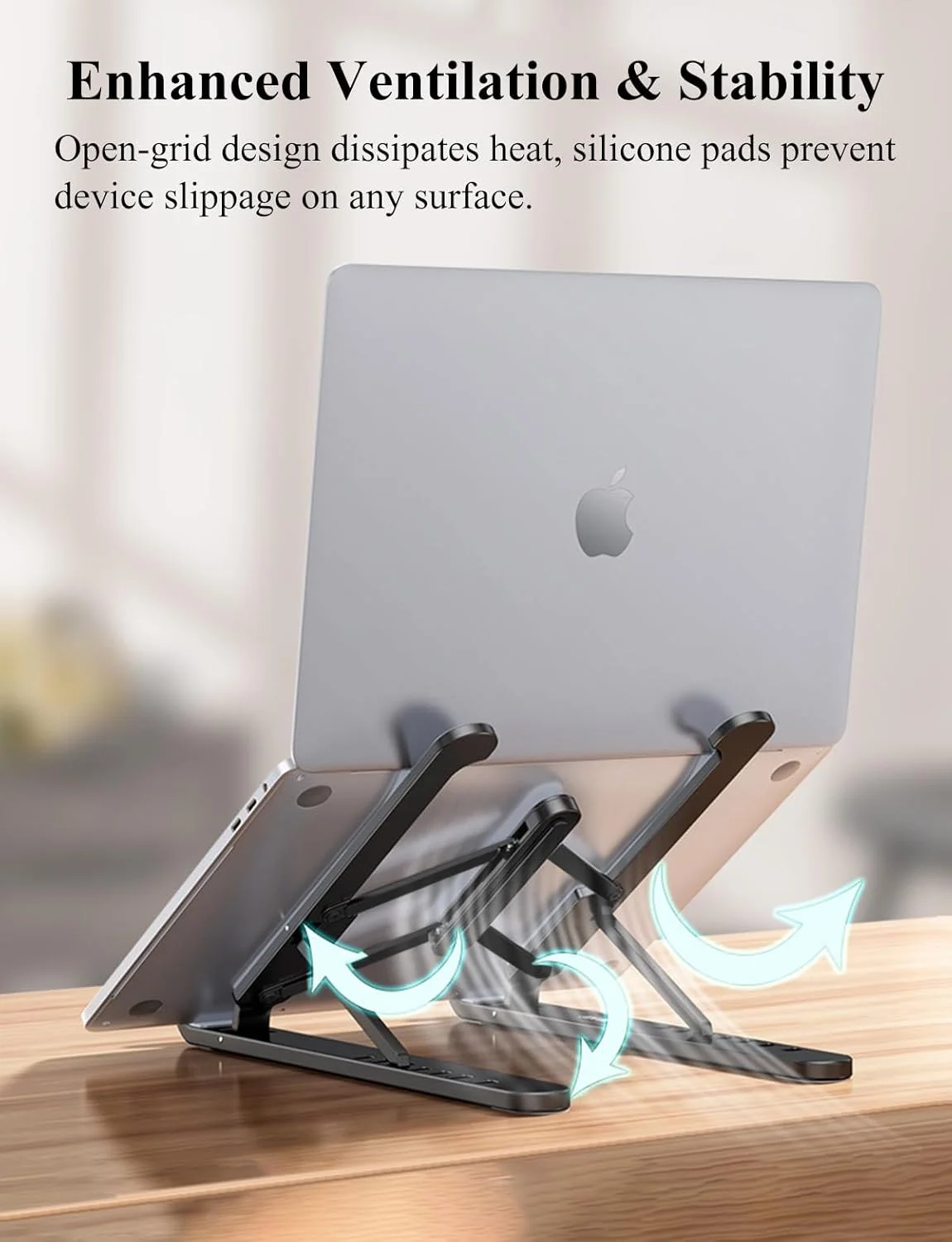 پایه لپ تاپ قابل تنظیم با 6 حالت ارتفاع - تاشو و دارای تهویه هوا، ساخته شده از ABS+سیلیکون، مناسب برای لپ تاپ، تبلت و نوت بوک (مشکی)