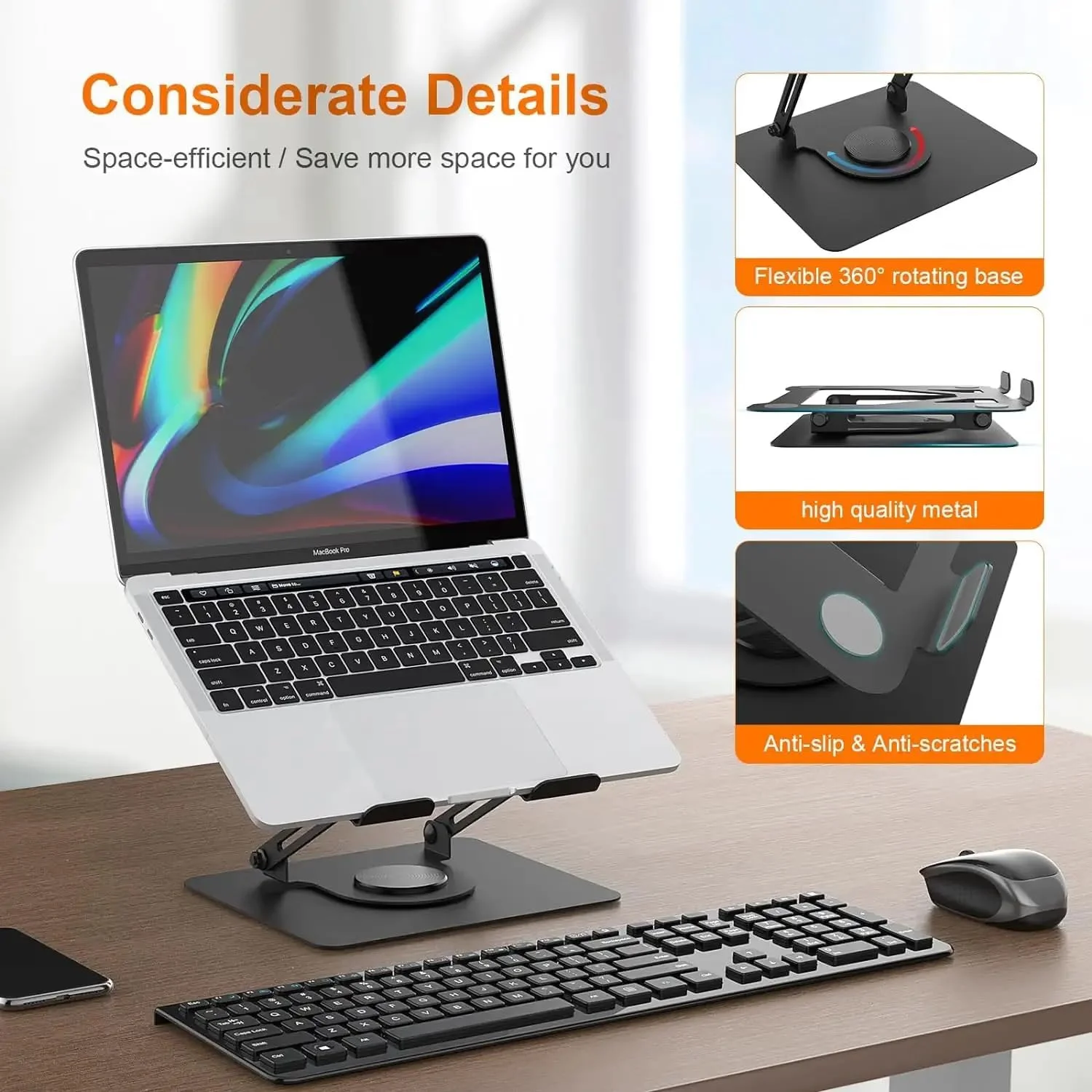 پایه لپ‌تاپ فلزی قابل تنظیم – پایه چرخان 360 درجه، طراحی تاشو و قابل حمل، ساختار فولاد کربنی، ارتفاع و زاویه قابل تنظیم، ارگونومیک برای میز، بهبود جریان هوا و راحتی