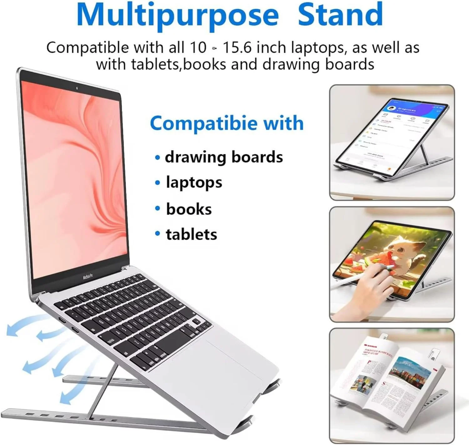 پایه لپ‌تاپ Zenyx آلیاژ آلومینیوم قابل تنظیم، ارگونومیک، قابل حمل، تاشو و سبک وزن، سازگار با مک‌بوک پرو، مک‌بوک ایر، کروم‌بوک، میت‌بوک و غیره