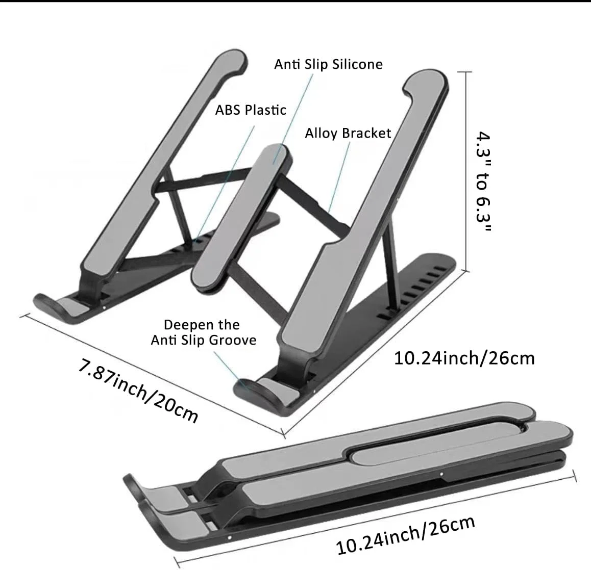 پایه لپ تاپ قابل تنظیم با 6 حالت ارتفاع - تاشو و دارای تهویه هوا، ساخته شده از ABS+سیلیکون، مناسب برای لپ تاپ، تبلت و نوت بوک (مشکی)