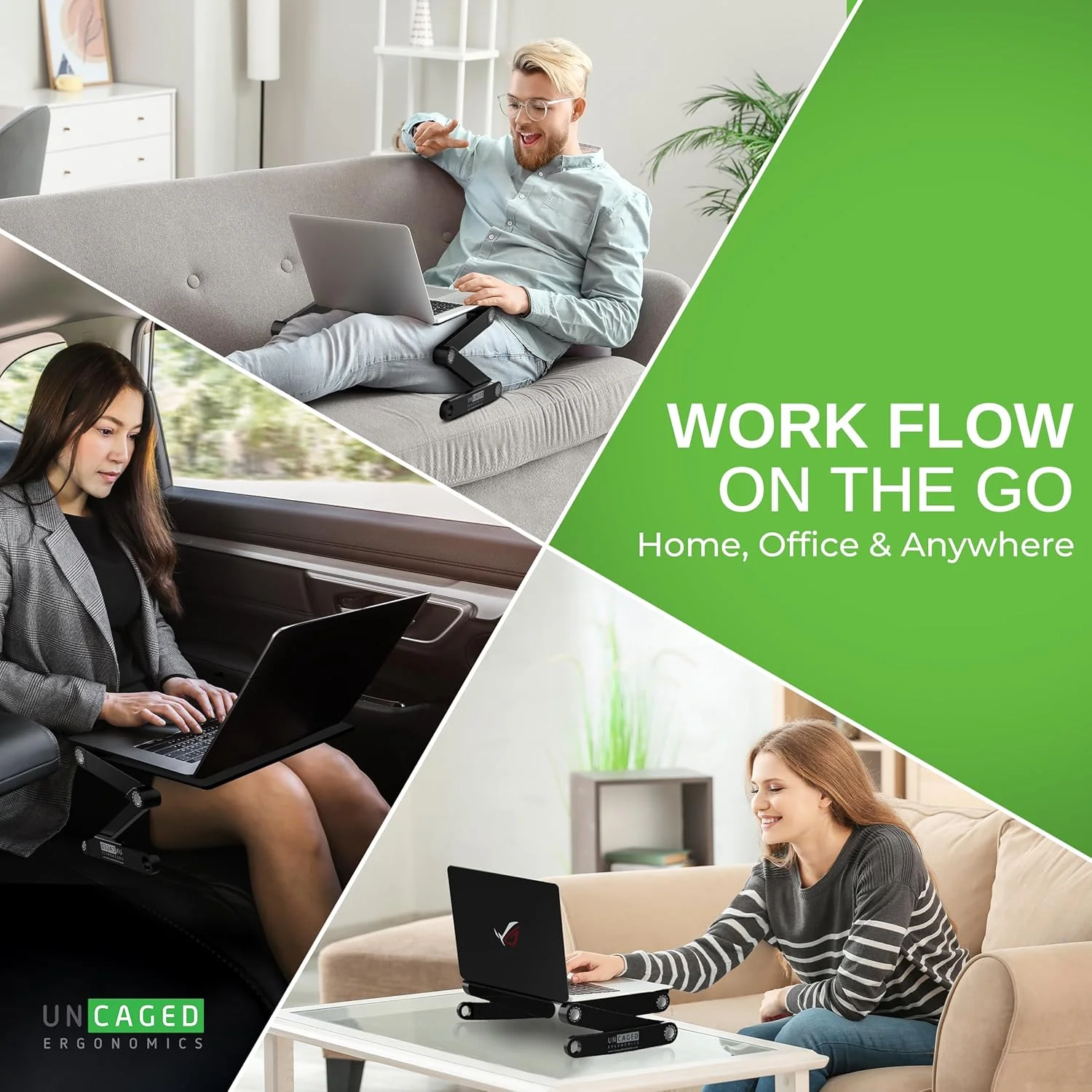 پایه لپ تاپ قابل تنظیم WorkEZ BEST برای تخت و مبل با پد ماوس، ارگونومیک، با قابلیت تنظیم ارتفاع، زاویه و شیب، سینی بالابر رومیزی آلومینیومی، میز بالابر کامپیوتر قابل حمل، خنک کننده تاشو، مشکی