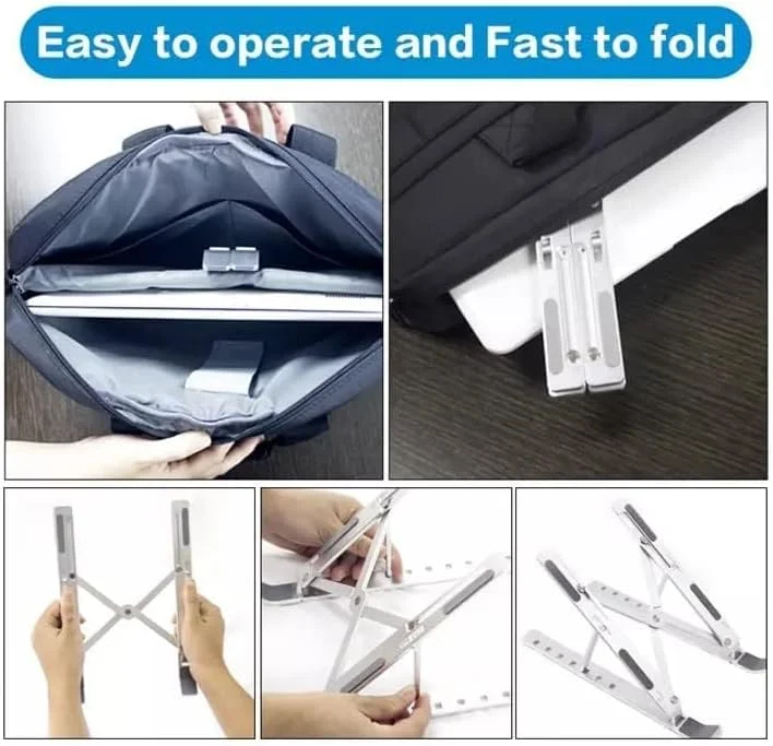 پایه لپ تاپ قابل تنظیم، پایه لپ تاپ آلومینیومی قابل حمل برای میز، پایه خنک کننده تاشو و تهویه دار برای اپل مک بوک پرو/ایر، اچ پی، سونی، دل، پایه نوت بوک و غیره.