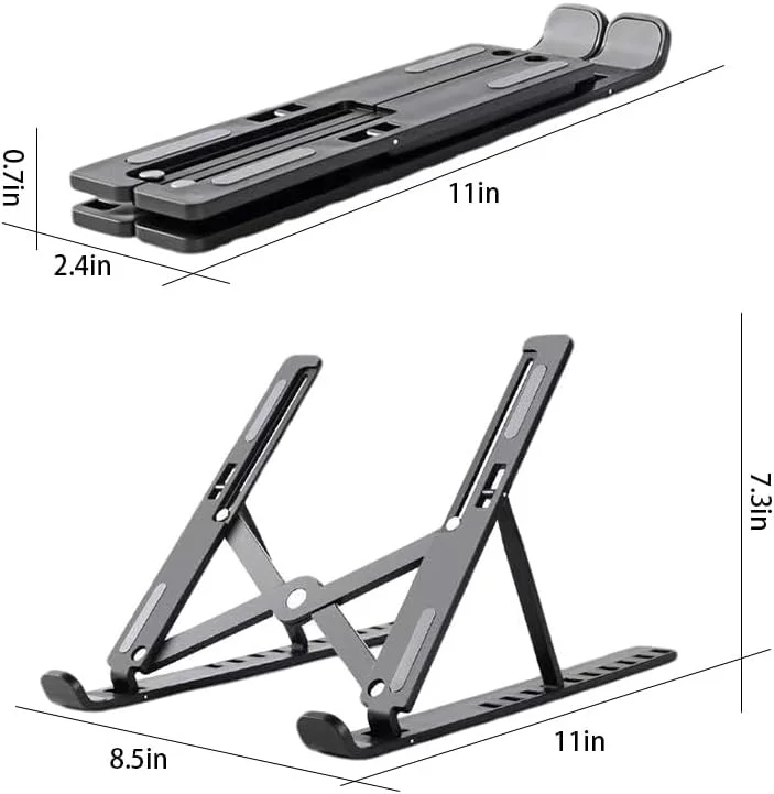 پایه لپ تاپ قابل تنظیم برای میز، تاشو، قابل حمل، بالابر لپ تاپ با تنظیم زاویه ده درجه، لوازم جانبی لپ تاپ ABS+سیلیکون برای لپ تاپ، تبلت و کتاب، مشکی
