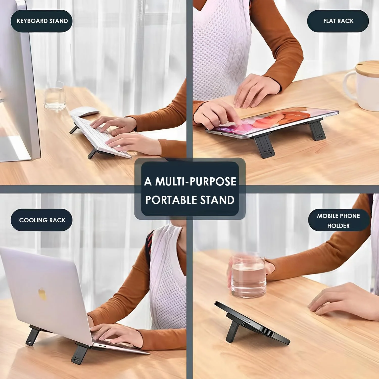 پایه های تاشو و قابل تنظیم کیبورد و لپ تاپ، پایه های نامرئی کامپیوتر با پایه های سیلیکونی ضد لغزش، براکت های پشتیبانی کیبورد قابل حمل و بادوام برای استفاده روی میز (4 عدد)