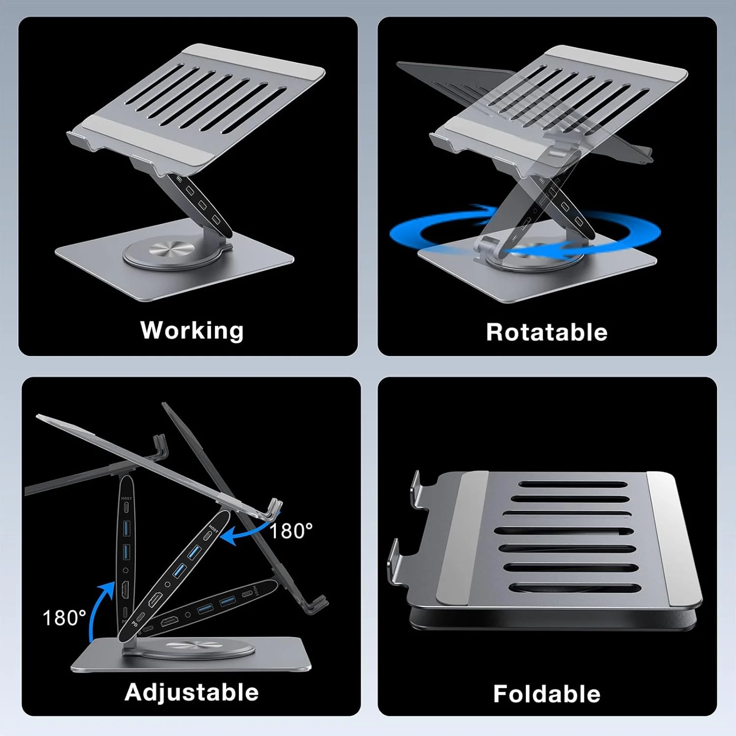 پایه لپ تاپ قابل تنظیم برای میز با ایستگاه اتصال 9 در 1، پایه آلومینیومی لپ تاپ با هاب USB، چرخش 360 درجه، نمایشگر دوگانه 4K60Hz HDMI، 3 پورت USB3.0، شارژ 100W PD، برای MacBook Pro Air/Dell/HP 7-15.6 اینچ