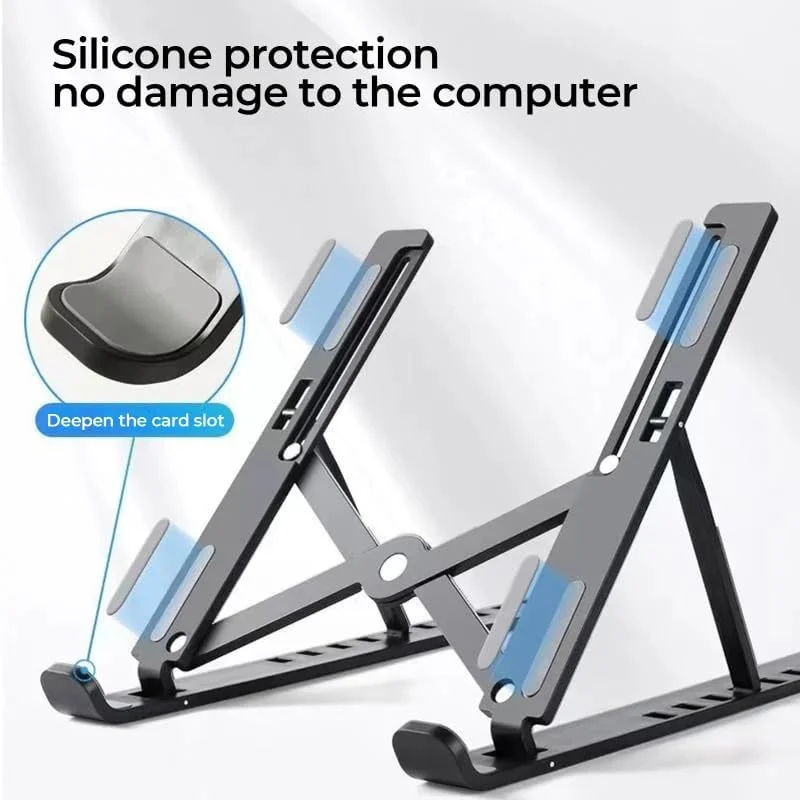 پایه لپ تاپ قابل تنظیم برای میز، تاشو، قابل حمل، بالابر لپ تاپ با تنظیم زاویه ده درجه، لوازم جانبی لپ تاپ ABS+سیلیکون برای لپ تاپ، تبلت و کتاب، مشکی