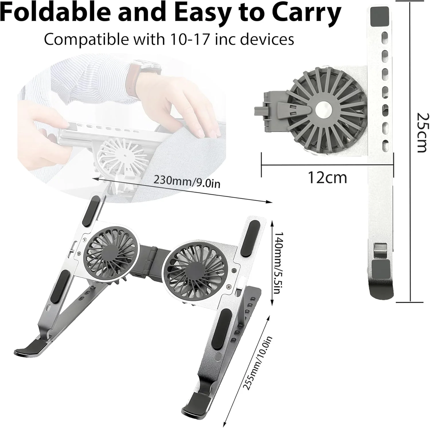 پایه لپ تاپ قابل تنظیم با فن خنک کننده، نگهدارنده لپ تاپ تاشو قابل حمل، پایه ارگونومیک چند زاویه ای لپ تاپ برای میز، سازگار با مک بوک پرو/ایر، دل، اچ پی، لنوو، سامسونگ، نوت بوک های 10-17 اینچی