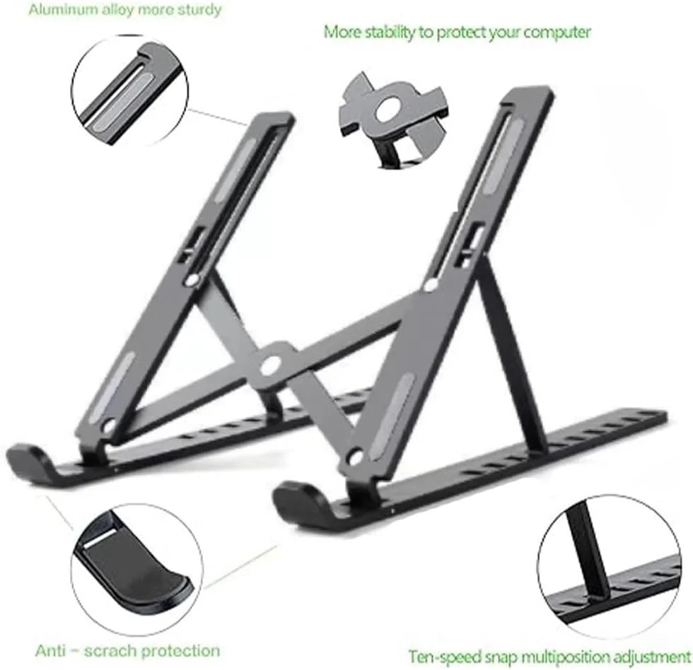 پایه لپ تاپ قابل تنظیم برای میز، تاشو، قابل حمل، بالابر لپ تاپ با تنظیم زاویه ده درجه، لوازم جانبی لپ تاپ ABS+سیلیکون برای لپ تاپ، تبلت و کتاب، مشکی