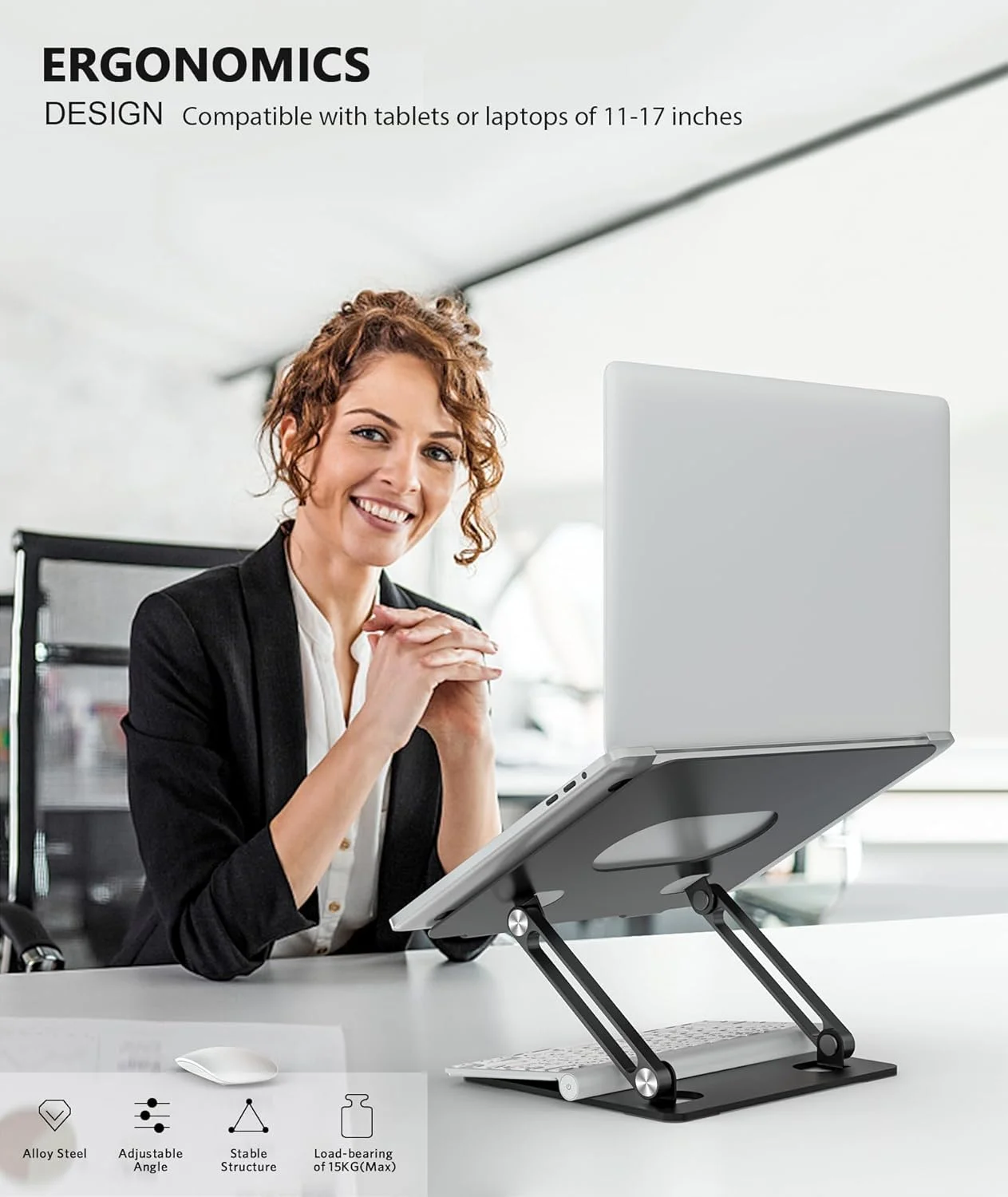 پایه لپ‌تاپ Boyata، نگهدارنده لپ‌تاپ ارگونومیک قابل تنظیم، پایه نوت‌بوک آلیاژ آلومینیوم سازگار با MacBook Pro/Air، Dell XPS، Lenovo، لپ‌تاپ‌های Samsung تا 17 اینچ - مشکی