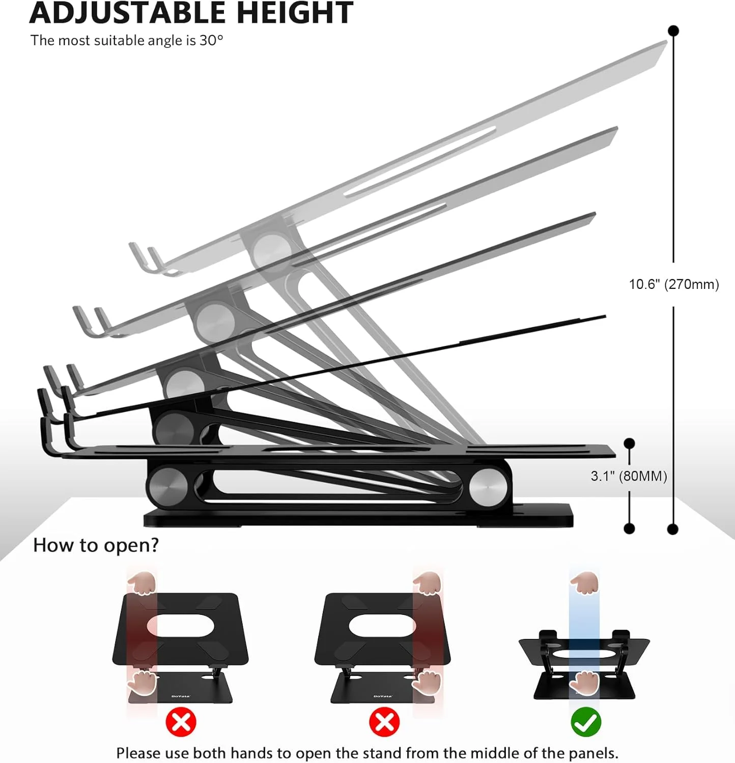 پایه لپ‌تاپ Boyata، نگهدارنده لپ‌تاپ ارگونومیک قابل تنظیم، پایه نوت‌بوک آلیاژ آلومینیوم سازگار با MacBook Pro/Air، Dell XPS، Lenovo، لپ‌تاپ‌های Samsung تا 17 اینچ - مشکی