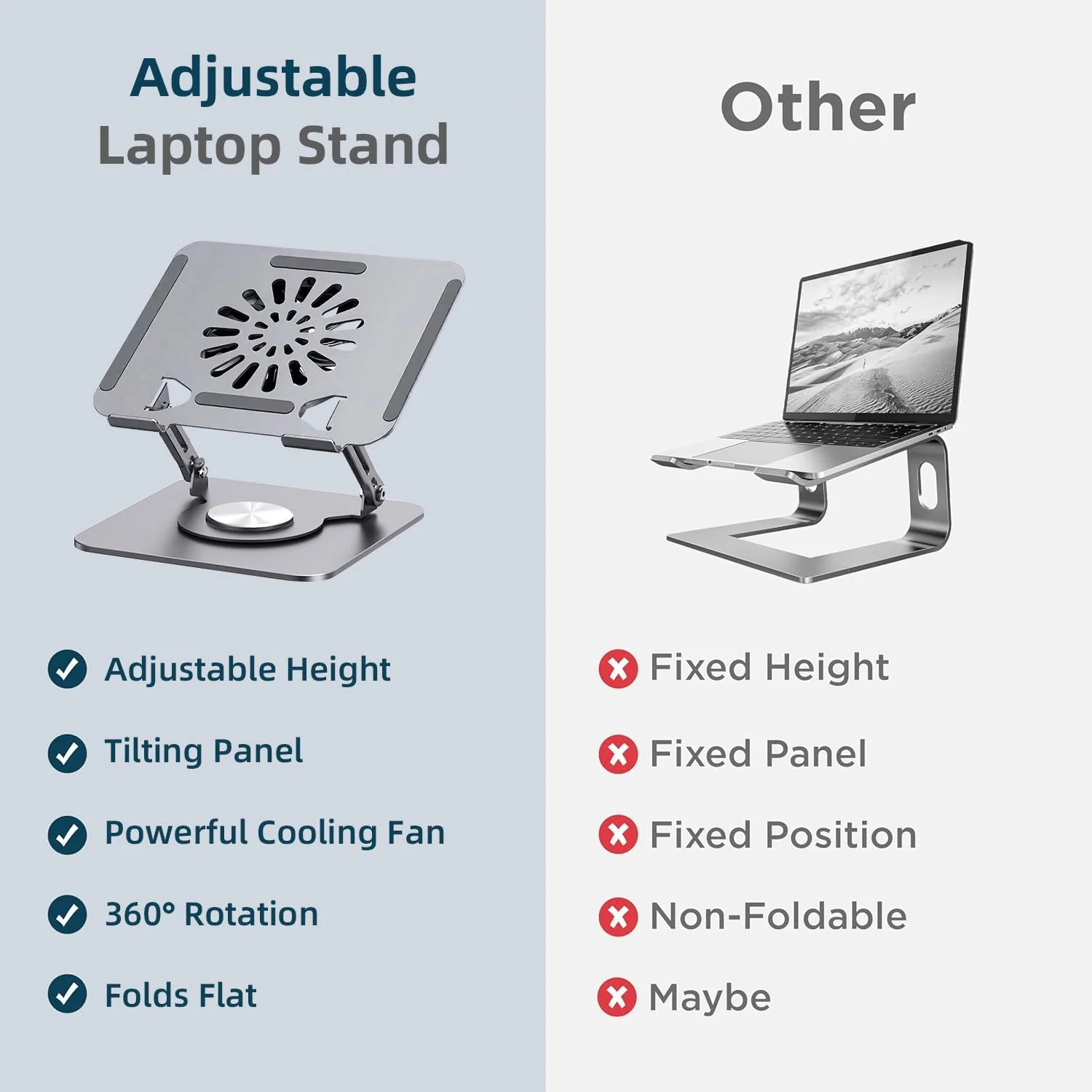 پایه لپ تاپ AccLoo با فن خنک کننده برای میز، چرخش 360 درجه، پایه بزرگتر و محکم تر قابل تنظیم، نگهدارنده فلزی تاشو مناسب برای MacBook Air، MacBook Pro، Lenovo، HP، ASUS و غیره