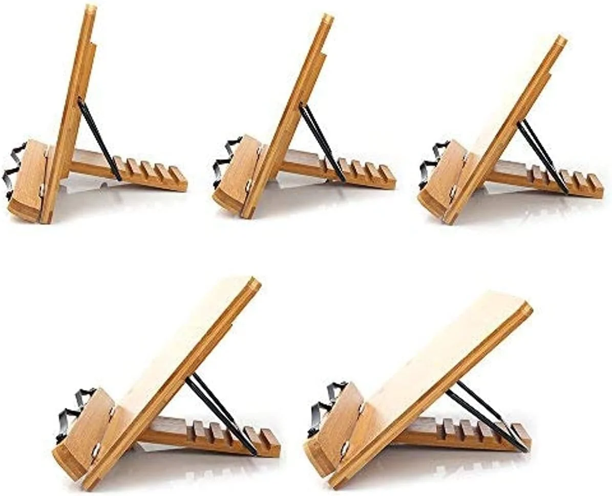 پایه نگهدارنده کتاب بامبو، سینی نگهدارنده کتاب قابل تنظیم و گیره های کاغذ - پایه کتاب سبک وزن و محکم قابل حمل برای میز مطالعه - کتاب های درسی (28 * 20 سانتی متر)