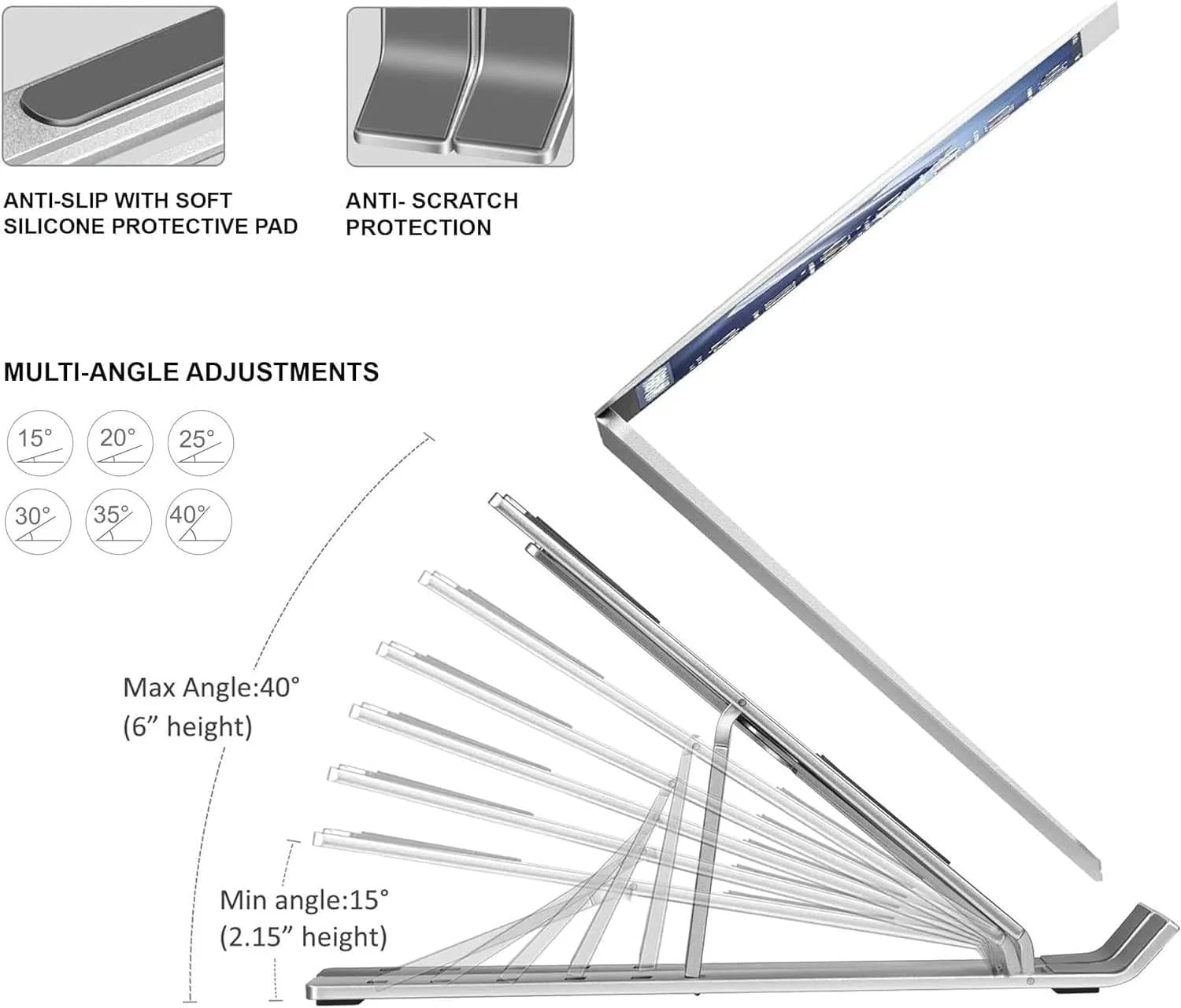 پایه لپ تاپ تاشو آلیاژ آلومینیوم قابل تنظیم 7 سطح برای میز، پایه لپ تاپ قابل تنظیم ABS+سیلیکون تاشو قابل حمل، پایه خنک کننده دارای تهویه برای مک بوک پرو ایر، لپ تاپ، تبلت پایه لپ تاپ تاشو آلیاژ آلومینیوم قابل تنظیم 7 سطح برای میز، پایه لپ تاپ قابل تنظیم ABS+سیلیکون تاشو قابل حمل، پایه خنک کننده دارای تهویه برای مک بوک پرو ایر، لپ تاپ، تبلت