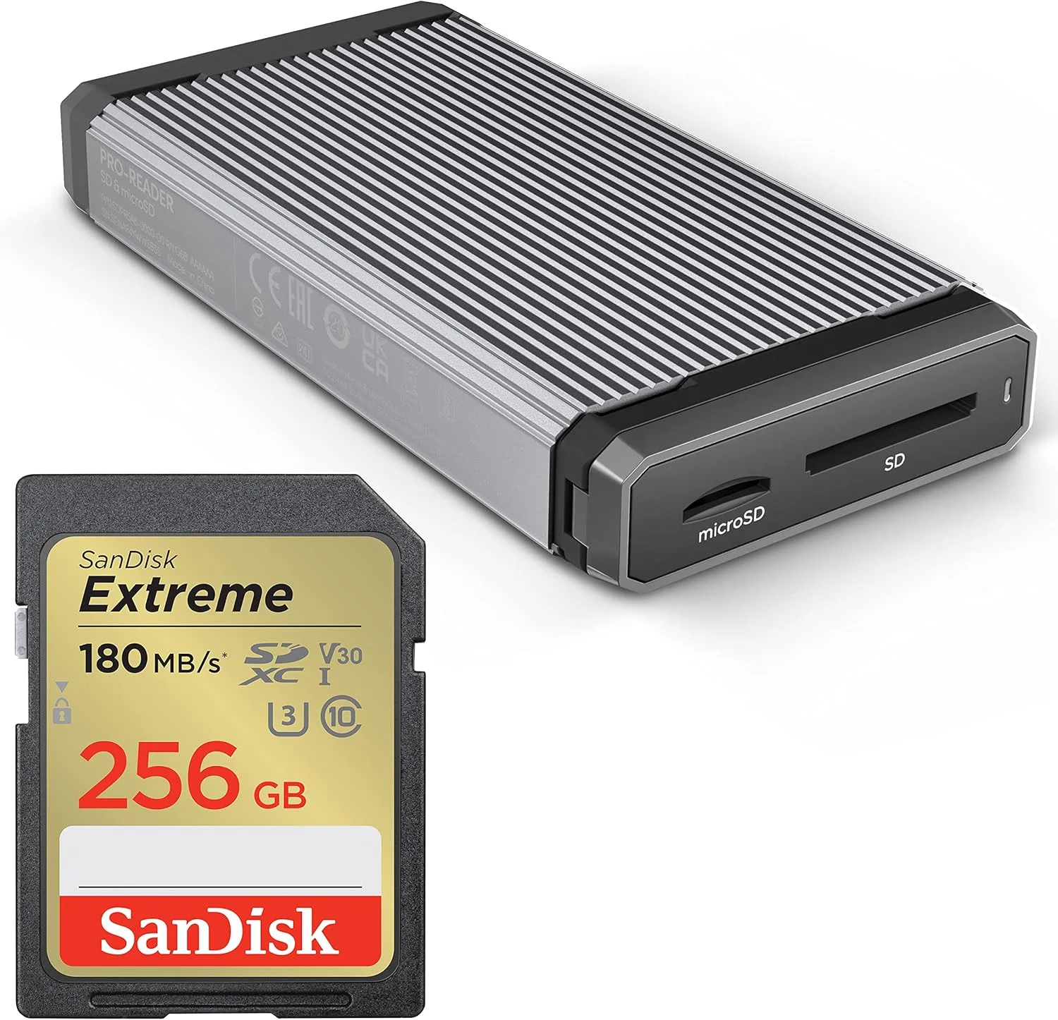 کارت حافظه SanDisk Extreme SDXC UHS-I با ظرفیت 256 گیگابایت - سرعت تا 180 مگابایت بر ثانیه به همراه کارت خوان حرفه ای SanDisk Professional PRO-Reader SD و microSD - کارت خوان با عملکرد بالا