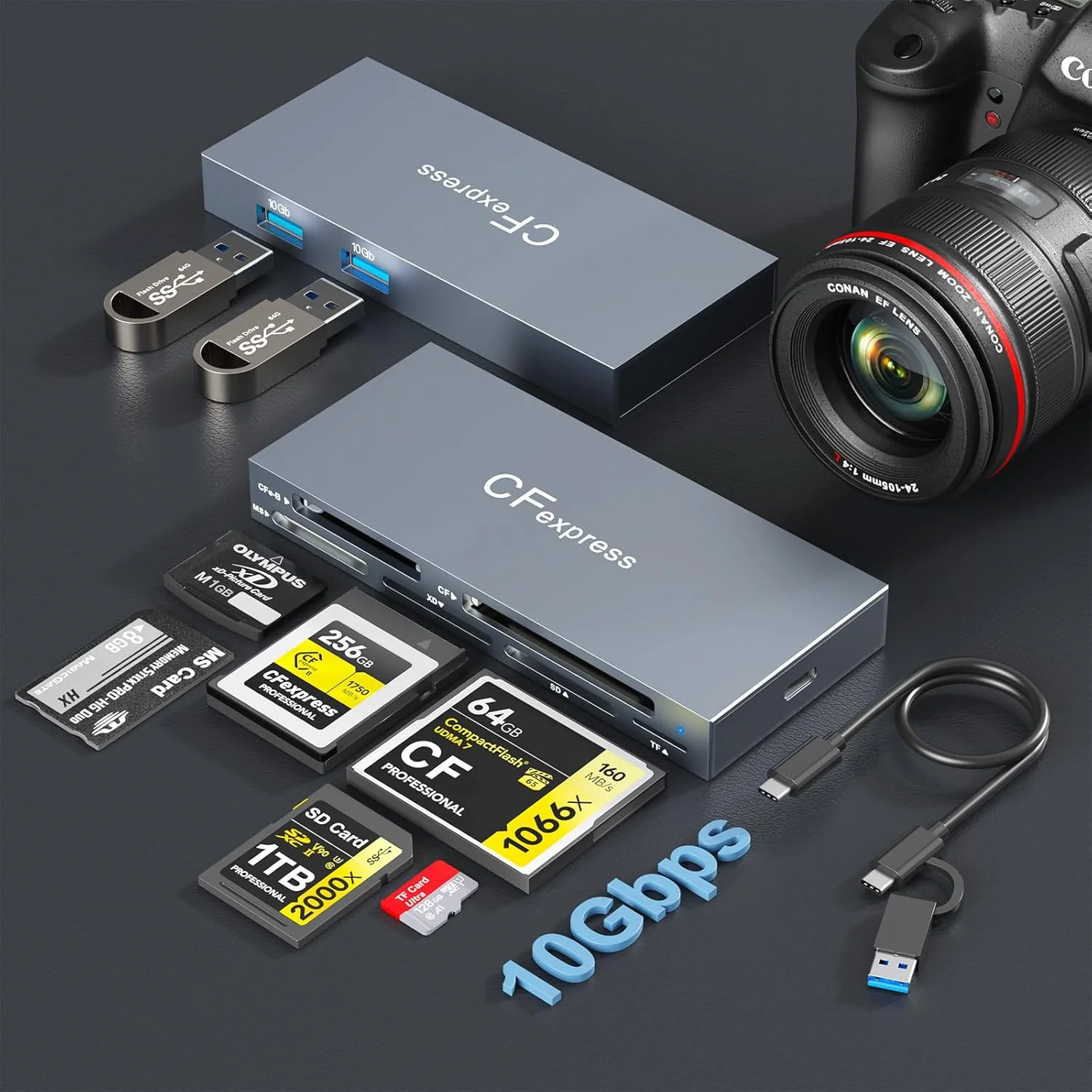 کارت خوان CFexpress Type B، کارت خوان چند منظوره 8 در 1 برای CFexpress Type B/CF/XD/MS/TF/SD/USB، کارت خوان حافظه USB3.2 Gen2 10Gbps برای ویندوز/مک/لینوکس/اندروید، قابلیت خواندن 6 کارت و 2 USB