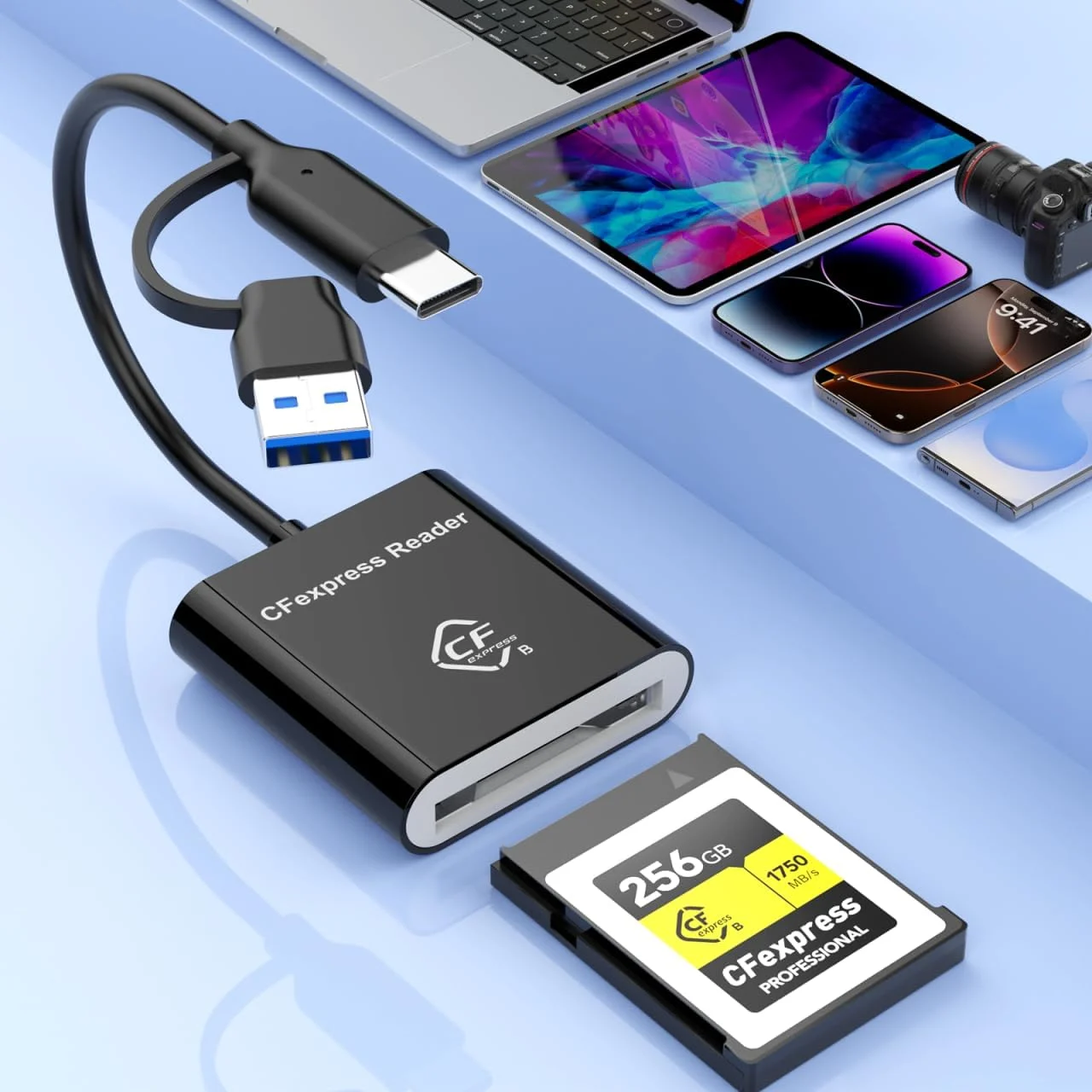 کارت خوان CFexpress Type B دو در یک USB C/USB A، آداپتور CFexpress USB 3.2 (Gen 2) 10Gbps برای آیفون 16/15، آیپد پرو، سامسونگ، لپ‌تاپ‌ها، تبلت‌ها، با قابلیت اتصال و پخش در ویندوز/مک/لینوکس/اندروید