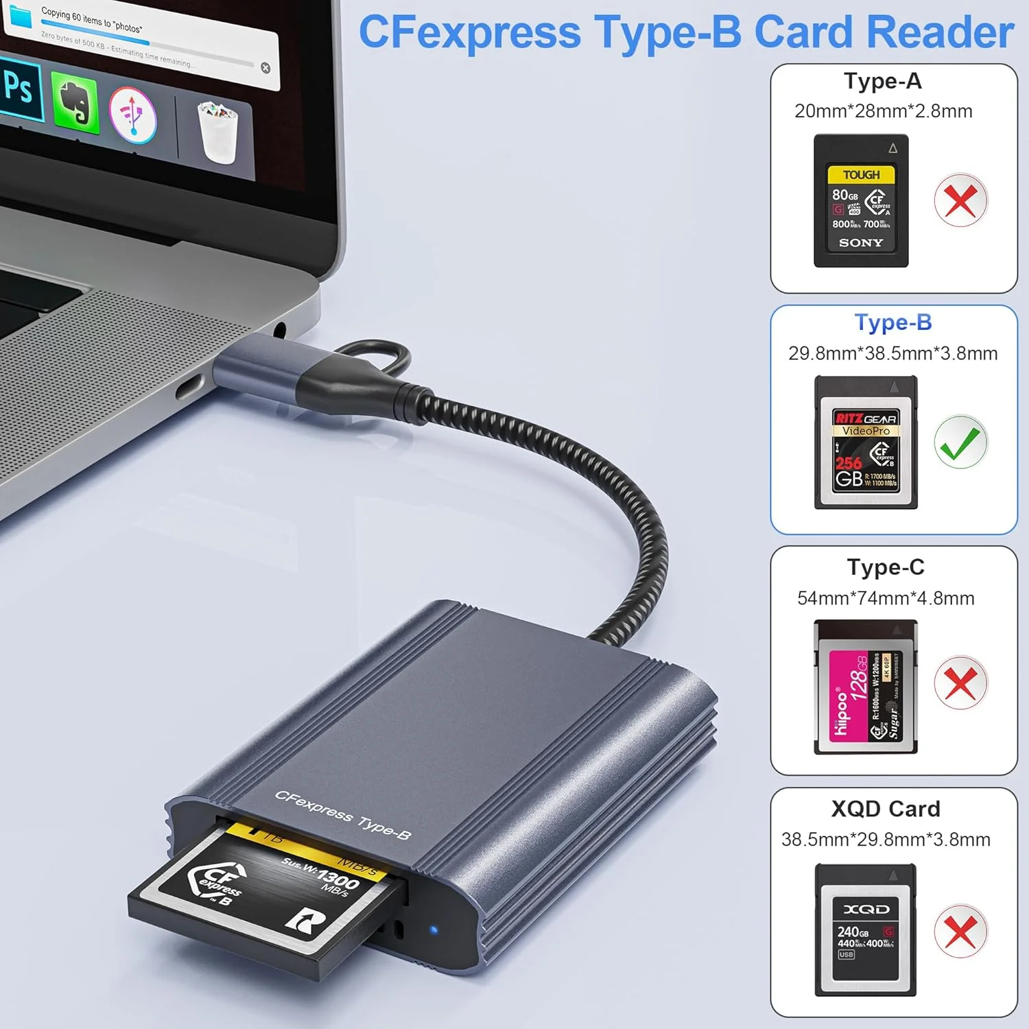 کارت خوان CFexpress Type B با USB 3.2 (Gen 2) 10Gbps، آداپتور CFexpress Type B دو در یک USB-C و USB-A، سازگار با ویندوز/مک/لینوکس/اندروید/کروم (نه برای کارت XQD) کارت خوان CFexpress Type B با USB 3.2 (Gen 2) 10Gbps، آداپتور CFexpress Type B دو در یک USB-C و USB-A، سازگار با ویندوز/مک/لینوکس/اندروید/کروم (نه برای کارت XQD)