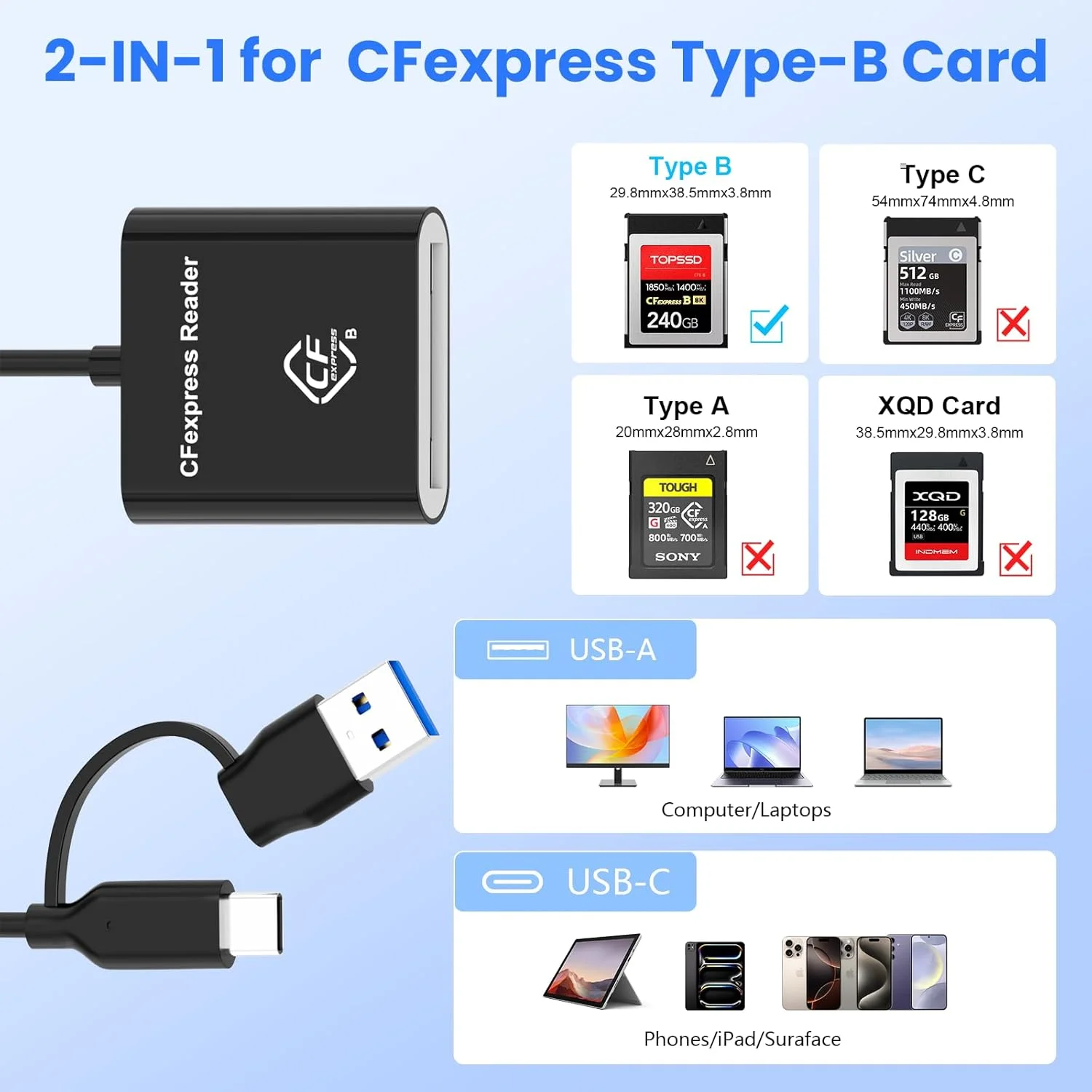کارت خوان CFexpress Type B دو در یک USB C/USB A، آداپتور CFexpress USB 3.2 (Gen 2) 10Gbps برای آیفون 16/15، آیپد پرو، سامسونگ، لپتاپها، تبلتها، با قابلیت اتصال و پخش در ویندوز/مک/لینوکس/اندروید کارت خوان CFexpress Type B دو در یک USB C/USB A، آداپتور CFexpress USB 3.2 (Gen 2) 10Gbps برای آیفون 16/15، آیپد پرو، سامسونگ، لپتاپها، تبلتها، با قابلیت اتصال و پخش در ویندوز/مک/لینوکس/اندروید