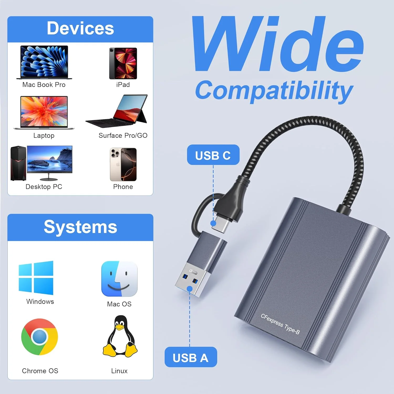 کارت خوان CFexpress Type B با USB 3.2 (Gen 2) 10Gbps، آداپتور CFexpress Type B دو در یک USB-C و USB-A، سازگار با ویندوز/مک/لینوکس/اندروید/کروم (نه برای کارت XQD) کارت خوان CFexpress Type B با USB 3.2 (Gen 2) 10Gbps، آداپتور CFexpress Type B دو در یک USB-C و USB-A، سازگار با ویندوز/مک/لینوکس/اندروید/کروم (نه برای کارت XQD)