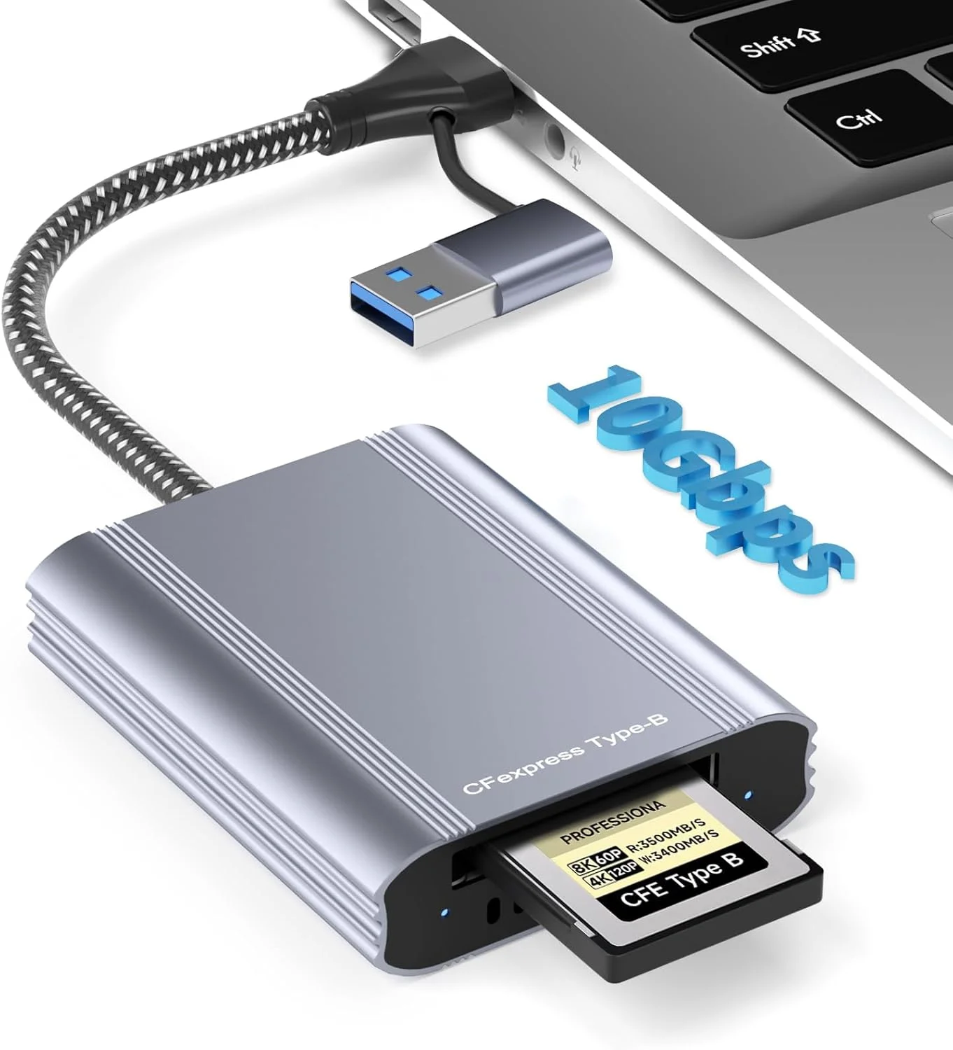 کارت خوان CFexpress Type B با USB 3.2 Gen 2 10Gbps و آداپتور 2 در 1 USB-C/USB-A Type B CFexpress، سازگار با ویندوز/مک/لینوکس/اندروید، برای آیفون 17/16/15، لپ تاپ، تبلت، تلفن های هوشمند