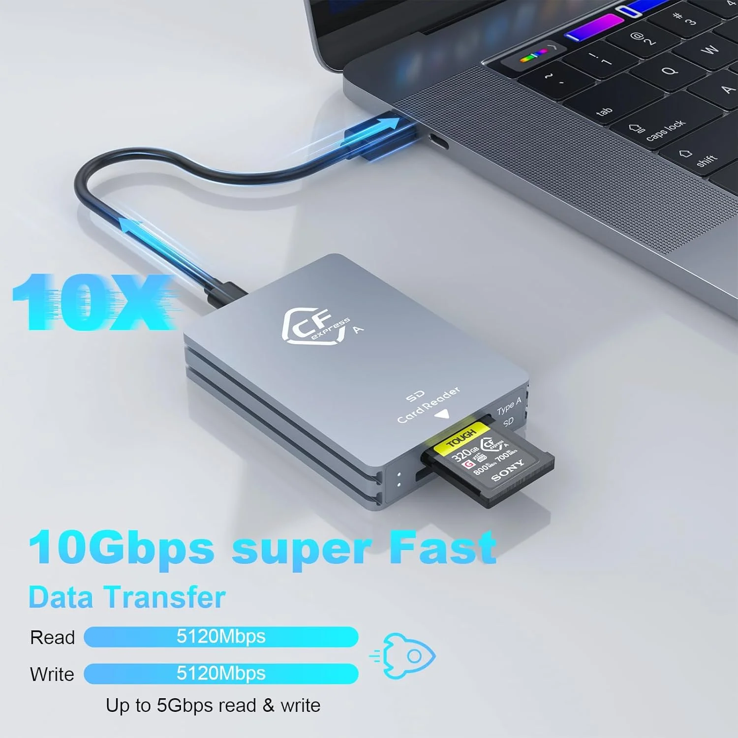 کارت خوان حافظه دوگانه CFexpress Type A و SD، آداپتور CFexpress USB 3.2 Gen 2 Type A با سرعت 10 گیگابیت بر ثانیه به همراه کابل USB C به USB C/USB A، سازگار با ویندوز/مک/لینوکس/اندروید