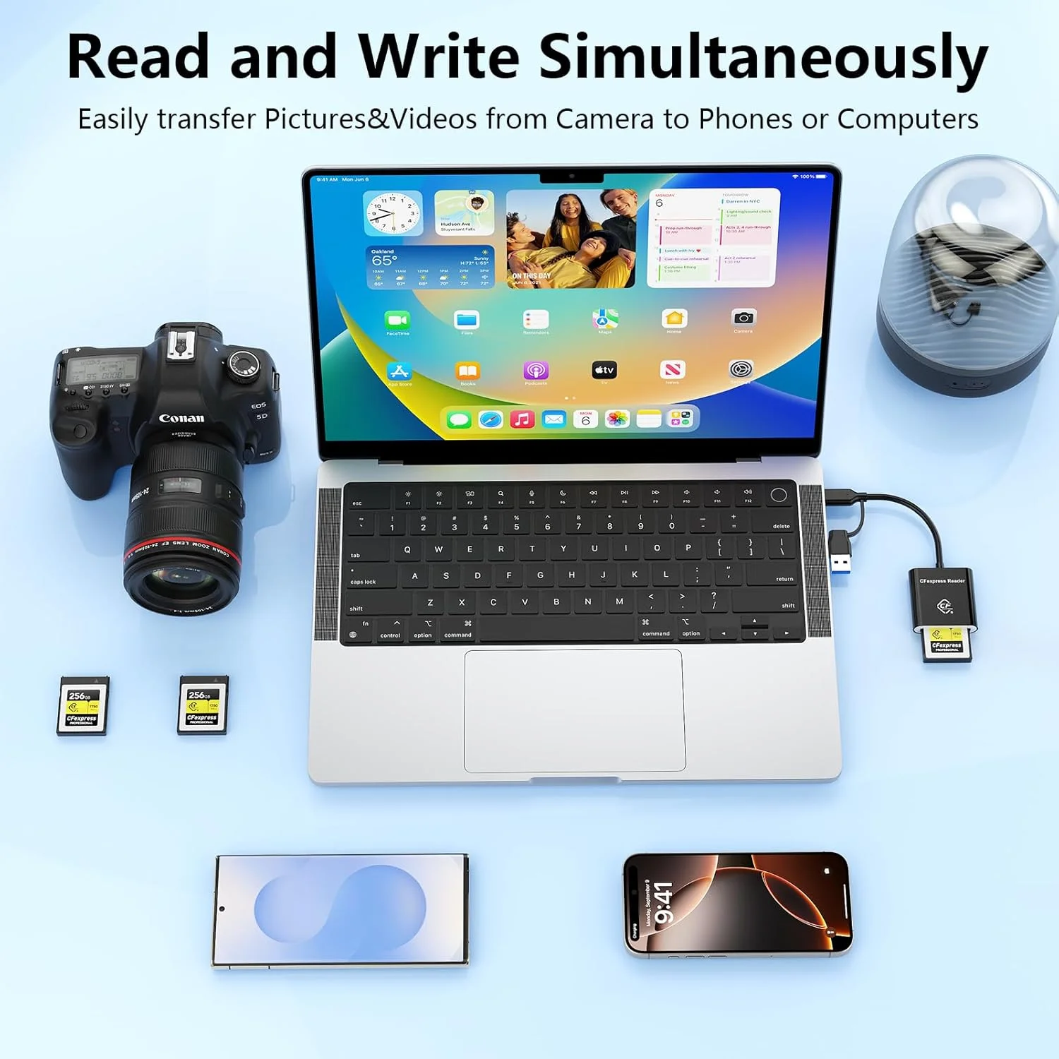 کارت خوان CFexpress Type B با USB 3.2 (Gen 2) 10Gbps، آداپتور 2 در 1 Type B CFexpress با USB-C و USB-A، سازگار با ویندوز/مک/لینوکس/اندروید، برای آیفون 17/16/15، لپ تاپ ها، تبلت ها، تلفن های هوشمند