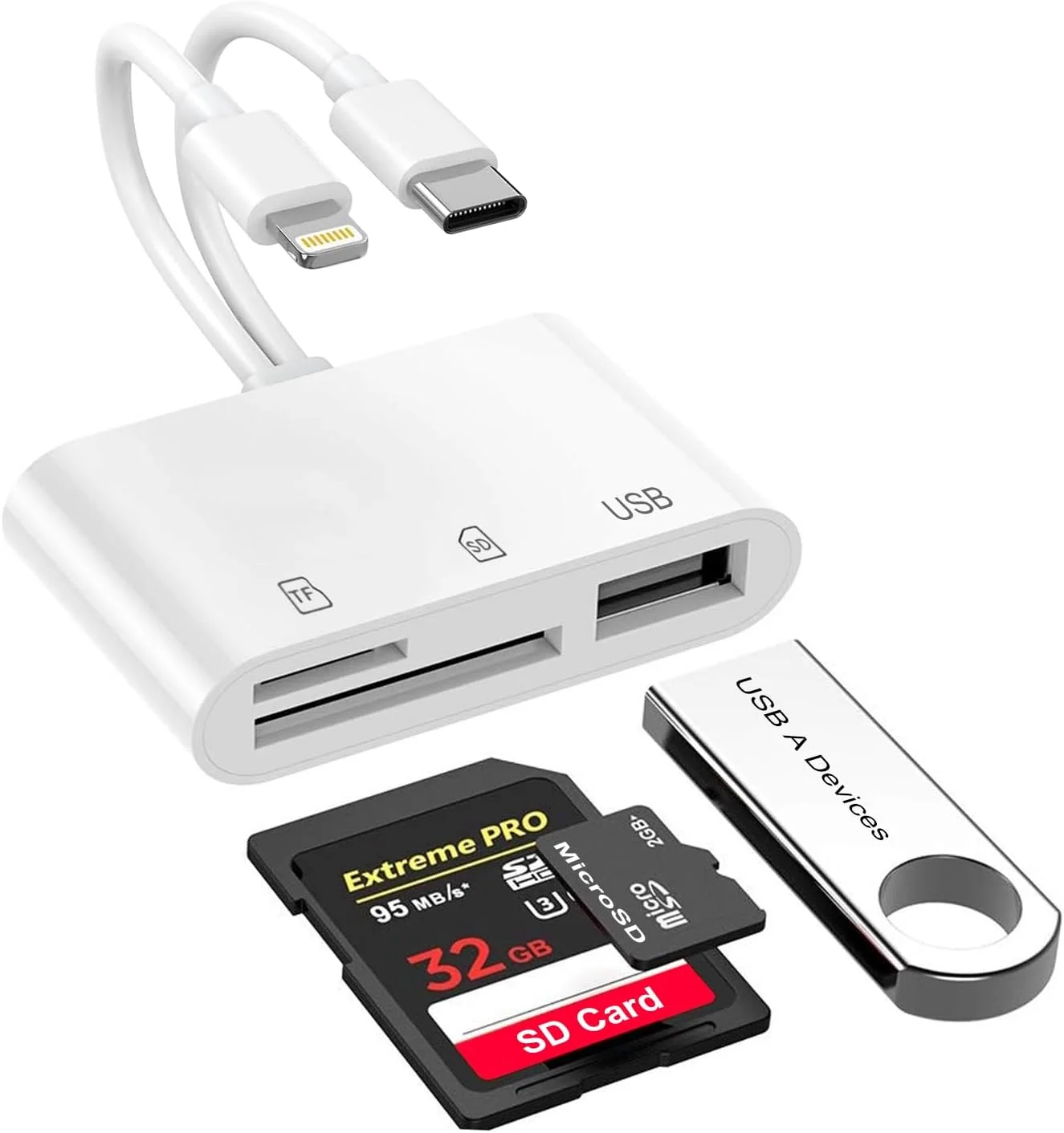 کارت خوان SD برای آیفون/آیپد، دارای دو اتصال (USB C و لایتنینگ) برای کارت های حافظه دوربین، کارت خوان میکرو SD سه در یک برای آداپتور دوربین، پشتیبانی از SD، میکرو SD، USB 3.0، اتصال و استفاده آسان