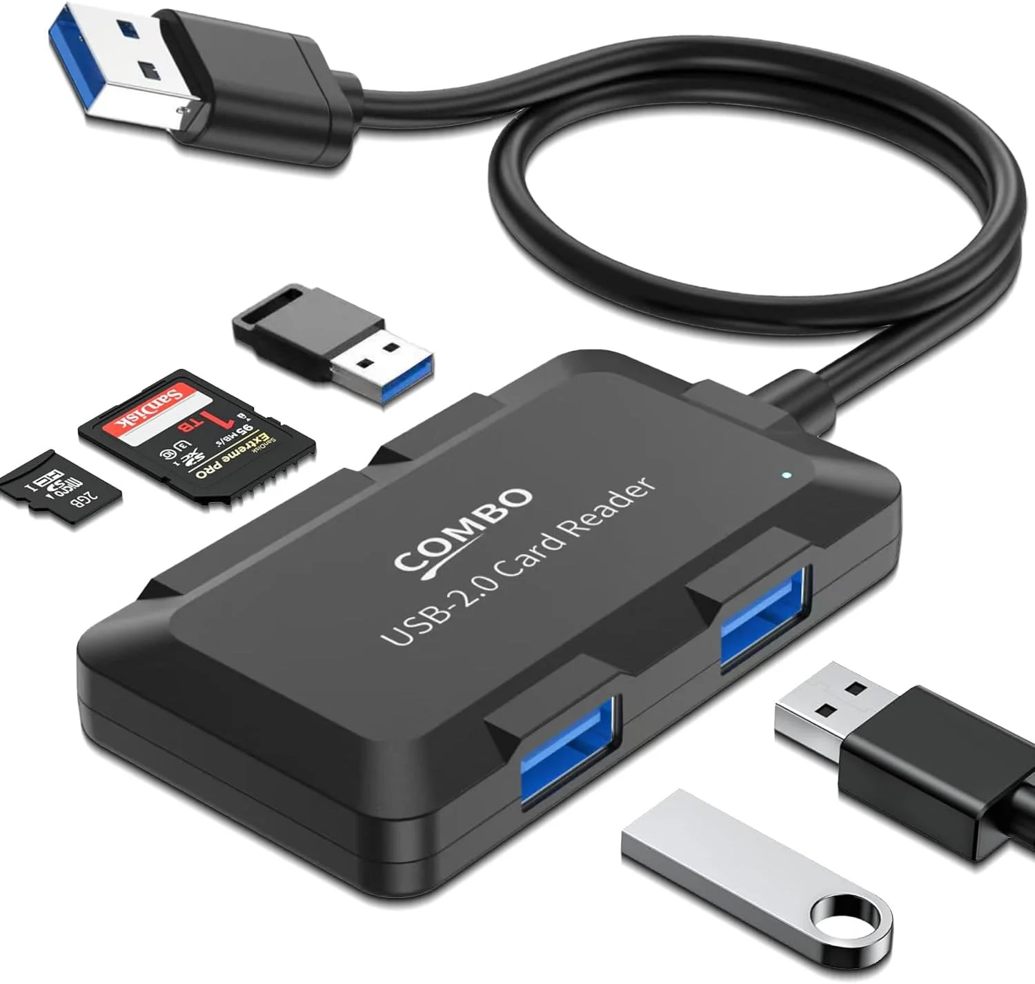 هاب USB پنج در یک با کارت خوان SD/TF، توسعه دهنده USB با 3 پورت USB-A برای لپ تاپ، کامپیوتر، دسکتاپ، ماوس، کیبورد، پروژکتور و موارد دیگر (مشکی/کابل 3.3 فوت)