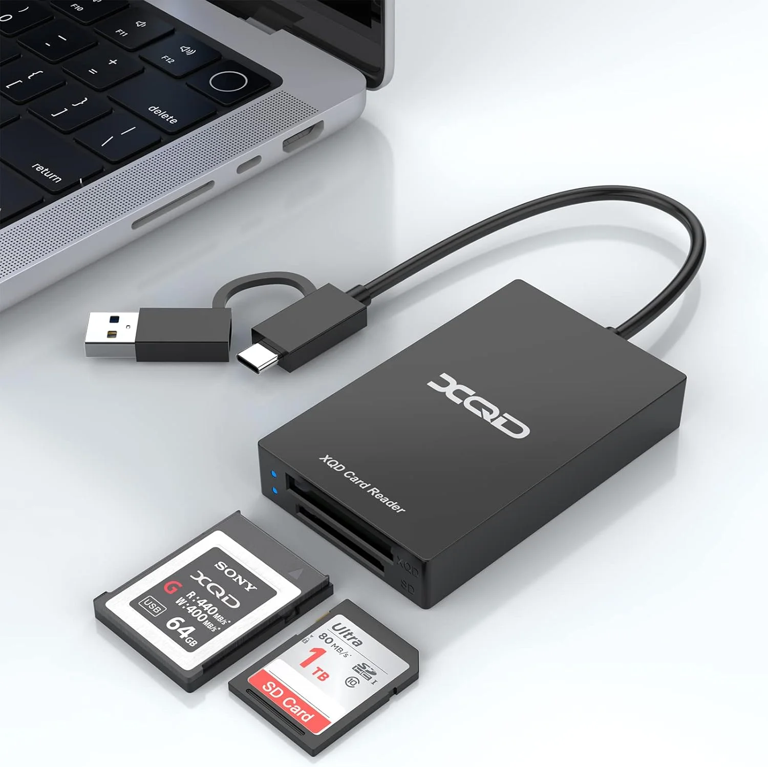 کارت خوان 4 در 1 XQD، کارت خوان SD با دو درگاه USB/Type C با سرعت 5 گیگابیت بر ثانیه برای کارت های سری Sony G/M، کارت USB Mark XQD، SD/SDHC برای آیفون 15/ویندوز/مک/اندروید