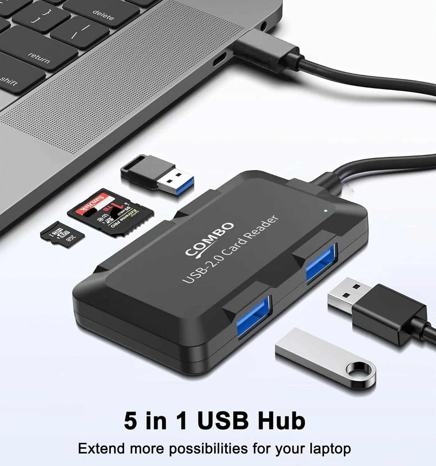 هاب USB پنج در یک با کارت خوان SD/TF، توسعه دهنده USB با 3 پورت USB-A برای لپ تاپ، کامپیوتر، دسکتاپ، ماوس، کیبورد، پروژکتور و موارد دیگر (مشکی/کابل 3.3 فوت)