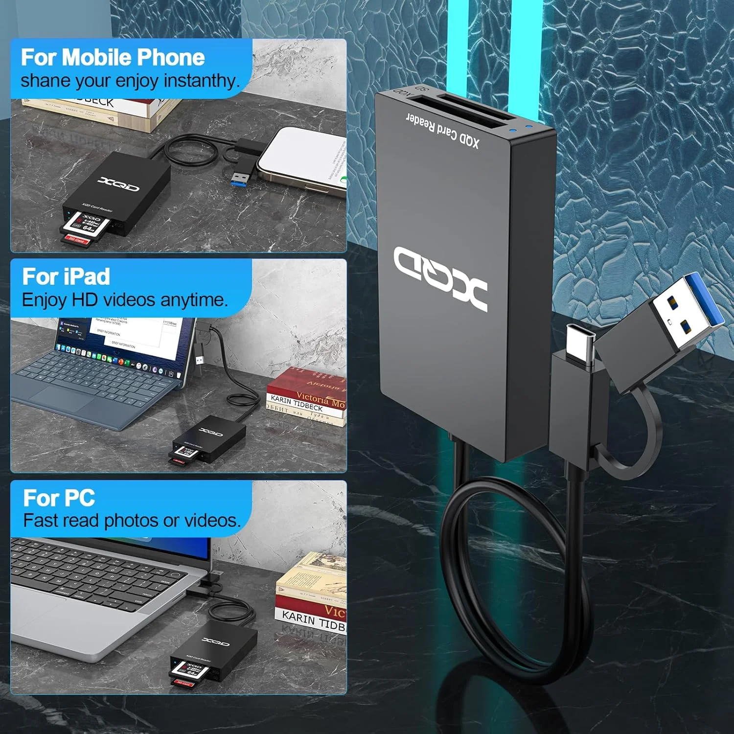 کارت خوان USB C XQD، کارت خوان SD برای آیفون 15/آیپد، کارت خوان حافظه USB3.0 دو اسلاته USB A/Type C برای سری Sony G/M، Lexar 2933x/1400x USB Mark XQD، SD/SDHC برای اپل/ویندوز/مک/اندروید