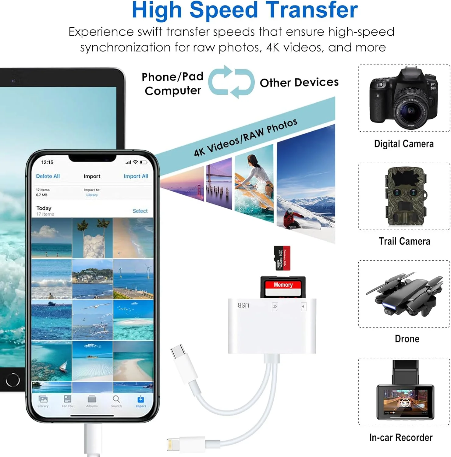 کارت خوان SD برای آیفون/آیپد، دارای دو اتصال (USB C و لایتنینگ) برای کارت های حافظه دوربین، کارت خوان میکرو SD سه در یک برای آداپتور دوربین، پشتیبانی از SD، میکرو SD، USB 3.0، اتصال و استفاده آسان
