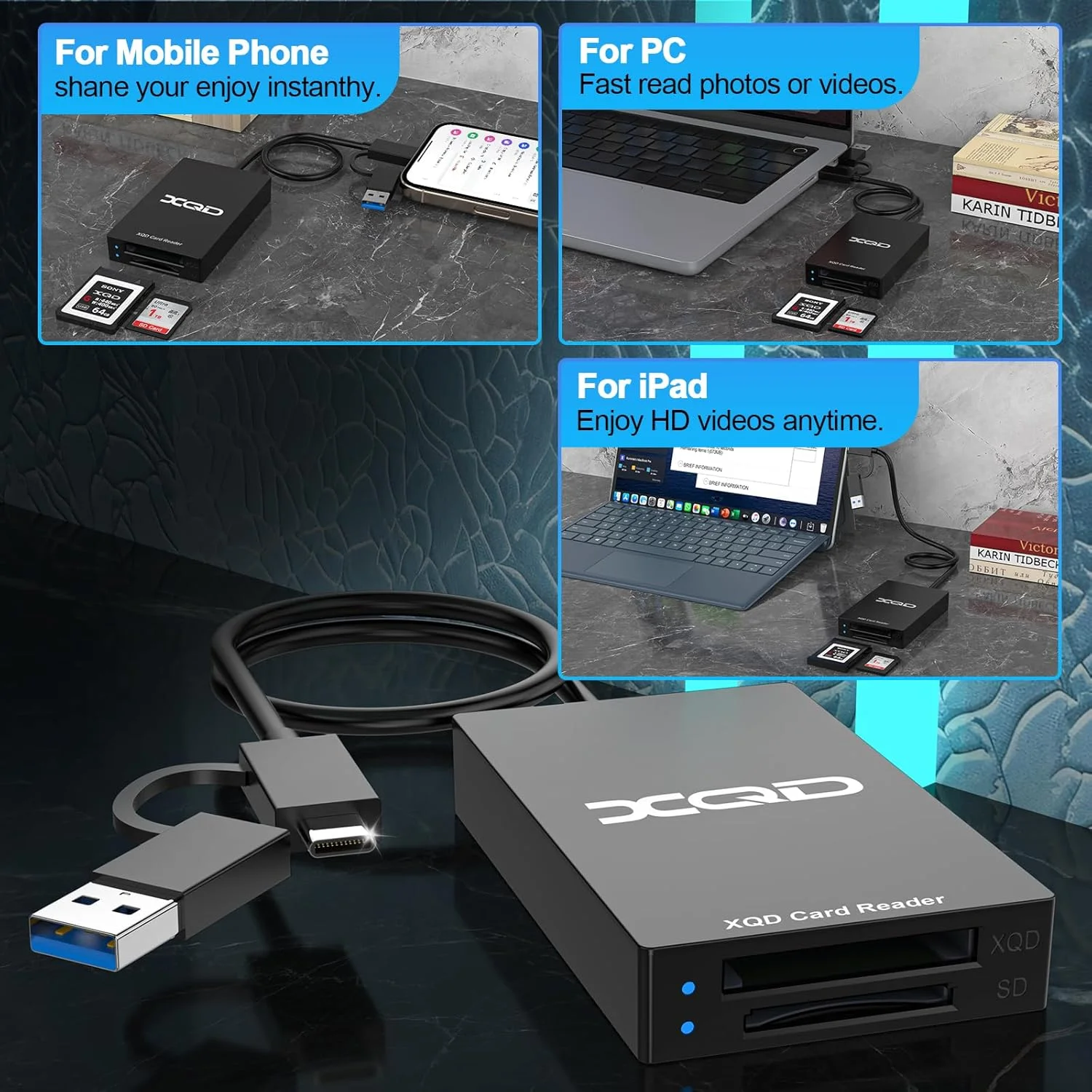 کارت خوان USB C XQD، کارت خوان SD برای آیفون 15/آیپد، کارت خوان حافظه USB3.0 دو اسلاته USB A/Type C برای سری Sony G/M، Lexar 2933x/1400x USB Mark XQD، SD/SDHC برای اپل/ویندوز/مک/اندروید