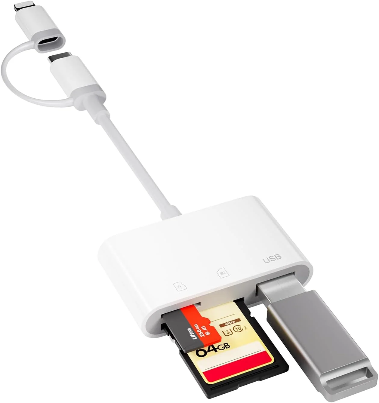 کارت خوان SD به USB C با اتصال دوگانه (لایتنینگ و USB-C) کارت خوان SD لایتنینگ برای آیفون آداپتور USB OTG کارت خوان حافظه Type C، نمایشگر دوربین برای آیفون
