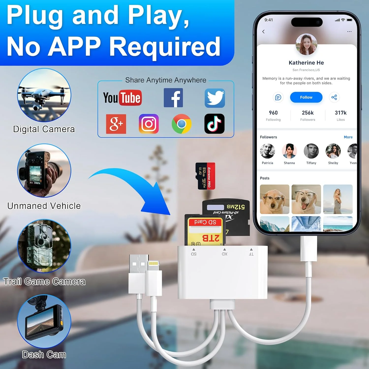 کارت خوان XD، کارت خوان SD برای آیفون، آداپتور کارت 3 در 1 SD/TF/XD با لایتنینگ/USB-C/USB-A برای آیفون 16/15/14/13، آیپد، کامپیوتر، اندروید - سازگار با کارت تصویر Olympus XD، پشتیبانی از exFAT