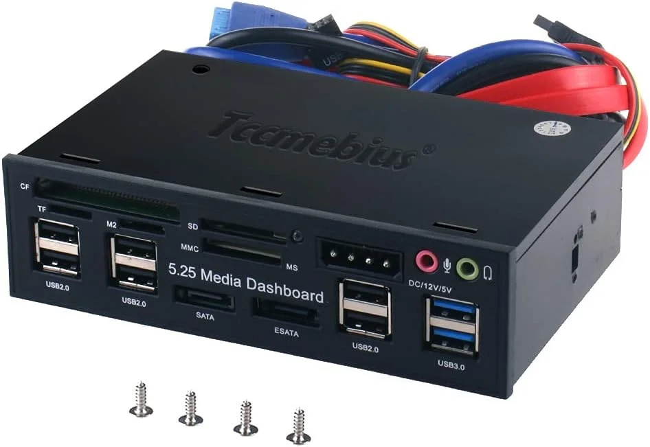 پنل جلویی چندکاره داشبورد رسانه ای کامپیوتر TCC-QL5E با اندازه 5.25 اینچ، دارای SATA، e-SATA، دو پورت USB 3.0، شش پورت USB 2.0، پورت های صوتی و کارت خوان پنج در یک