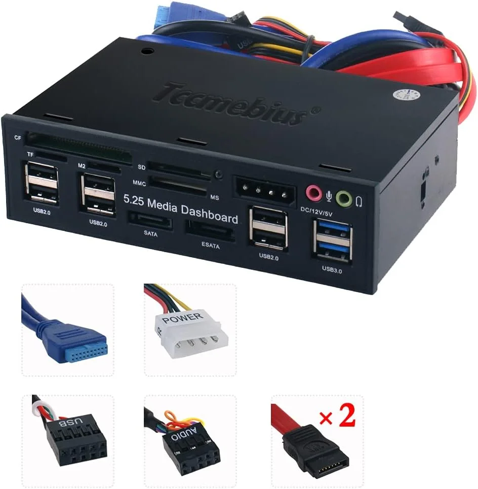 پنل جلویی چندکاره داشبورد رسانه ای کامپیوتر TCC-QL5E با اندازه 5.25 اینچ، دارای SATA، e-SATA، دو پورت USB 3.0، شش پورت USB 2.0، پورت های صوتی و کارت خوان پنج در یک