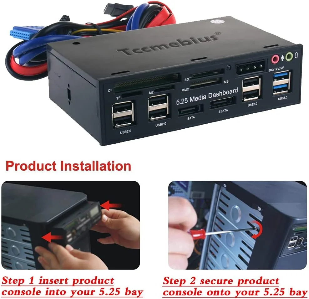 پنل جلویی چندکاره داشبورد رسانه ای کامپیوتر TCC-QL5E با اندازه 5.25 اینچ، دارای SATA، e-SATA، دو پورت USB 3.0، شش پورت USB 2.0، پورت های صوتی و کارت خوان پنج در یک