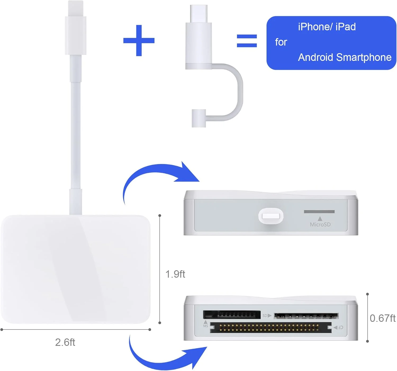 کارت خوان SD برای آیفون، آداپتور کارت خوان حافظه 4 در 1 USB C و لایتنینگ به CF/SD/MS/TF برای آداپتور دوربین تریل گیم برای آیپد مک بوک، بدون نیاز به نصب برنامه